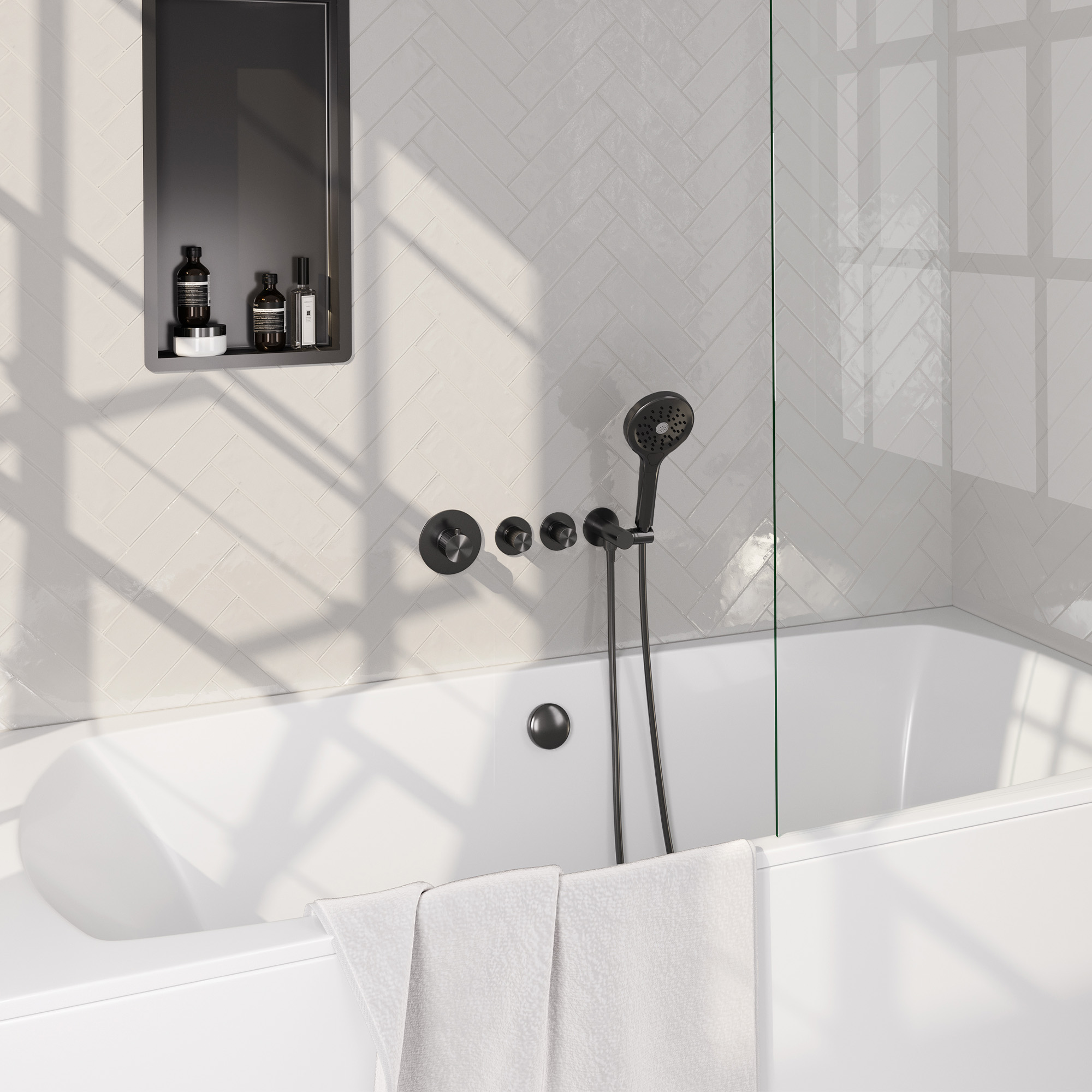 Brauer Stripe thermostatische inbouw badkraan SET 02 met badvulcombinatie en 3-standen handdouche en doucheslang en wandaansluitbocht gunmetal geborsteld PVD