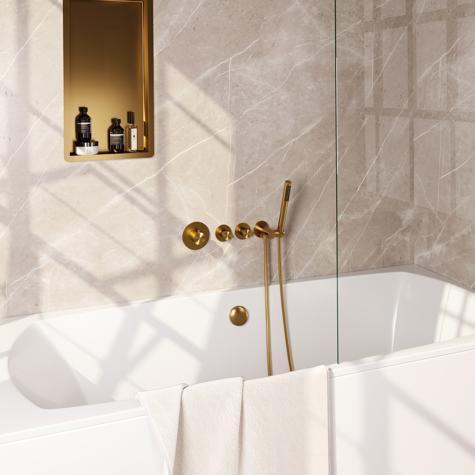 Brauer Stripe thermostatische inbouw badkraan SET 01 met badvulcombinatie en staaf handdouche en doucheslang en wandaansluitbocht goud geborsteld PVD