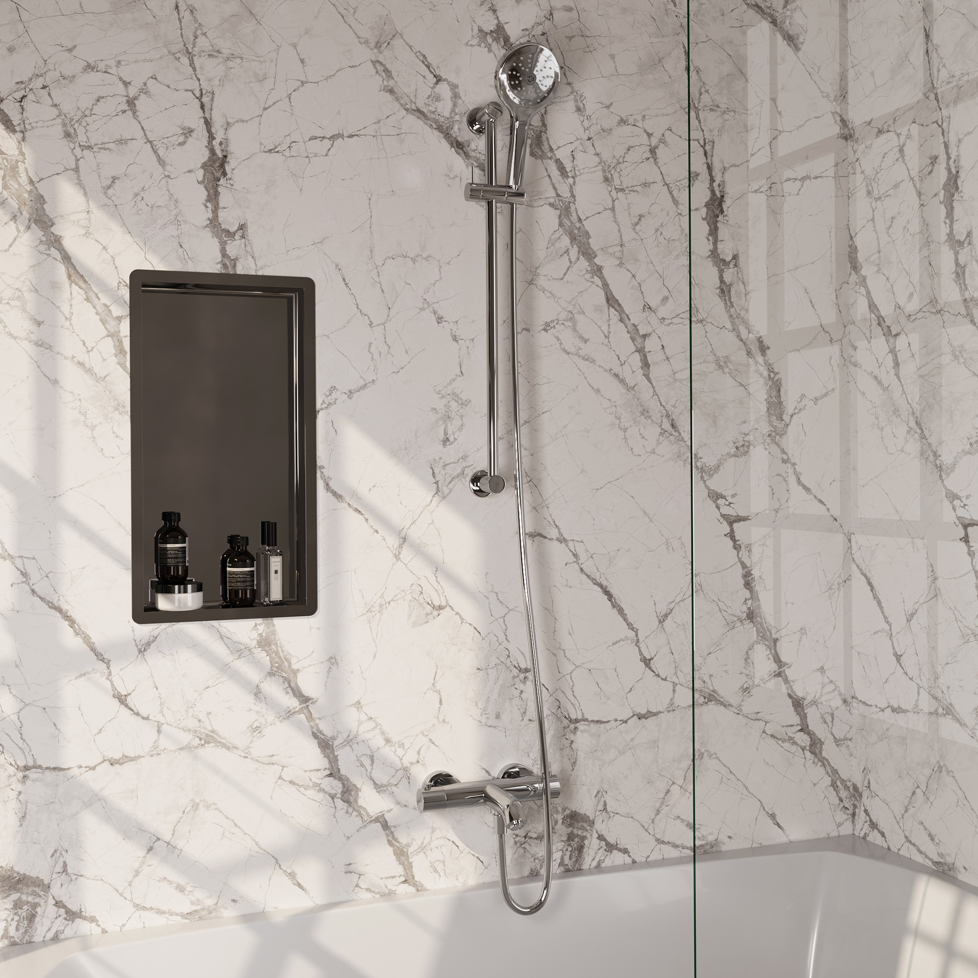 Brauer Stripe opbouw baddouche thermostaatkraan SET 02 met glijstang en 3-standen handdouche en doucheslang chroom