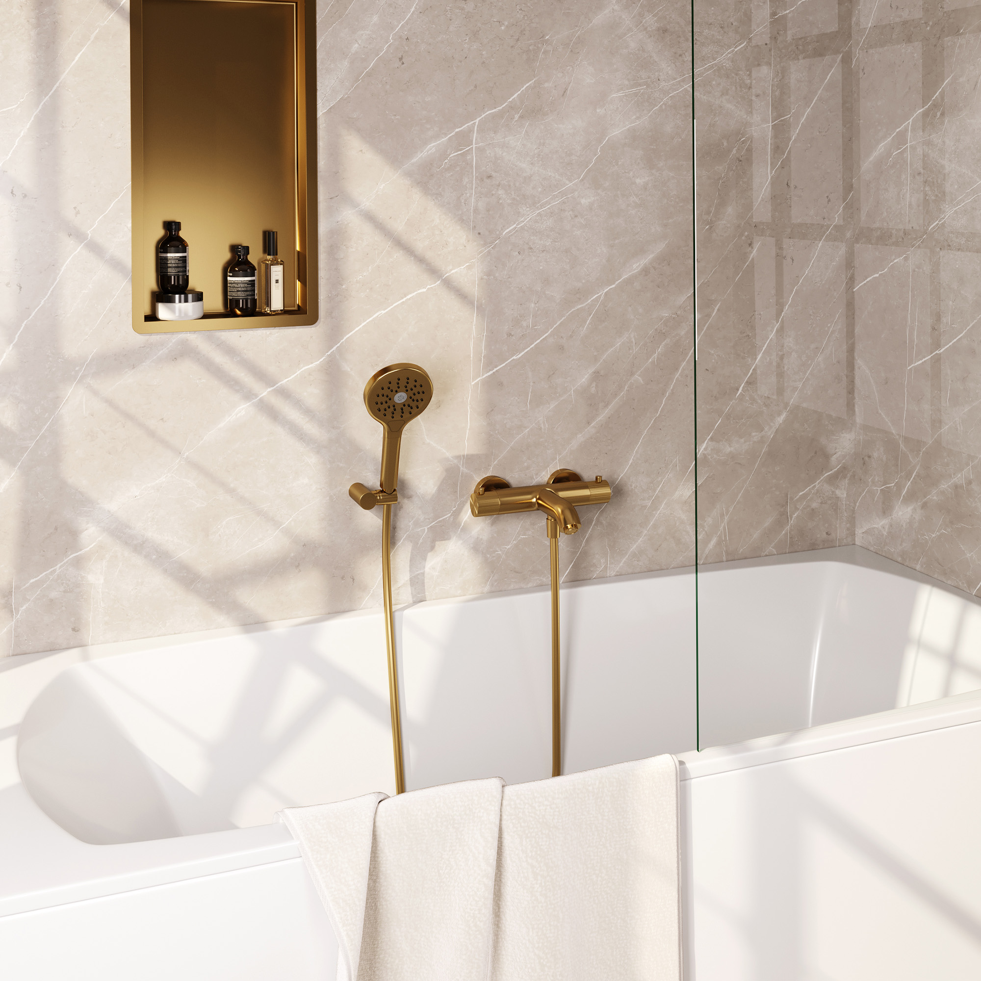 Brauer Stripe opbouw baddouche thermostaatkraan SET 04 met wandhouder en 3-standen handdouche en doucheslang goud geborsteld PVD