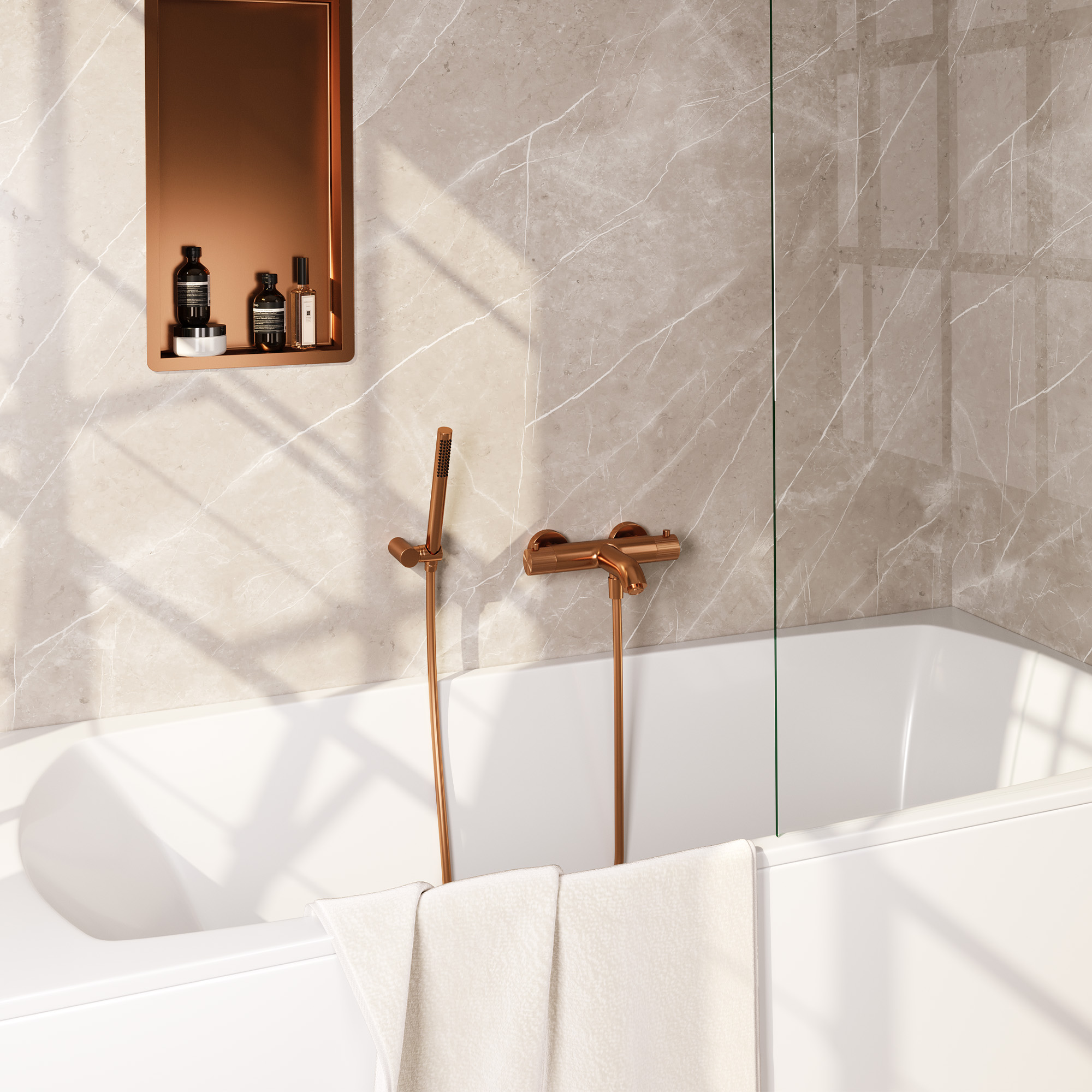 Brauer Stripe opbouw baddouche thermostaatkraan SET 03 met wandhouder en staaf handdouche en doucheslang koper geborsteld PVD
