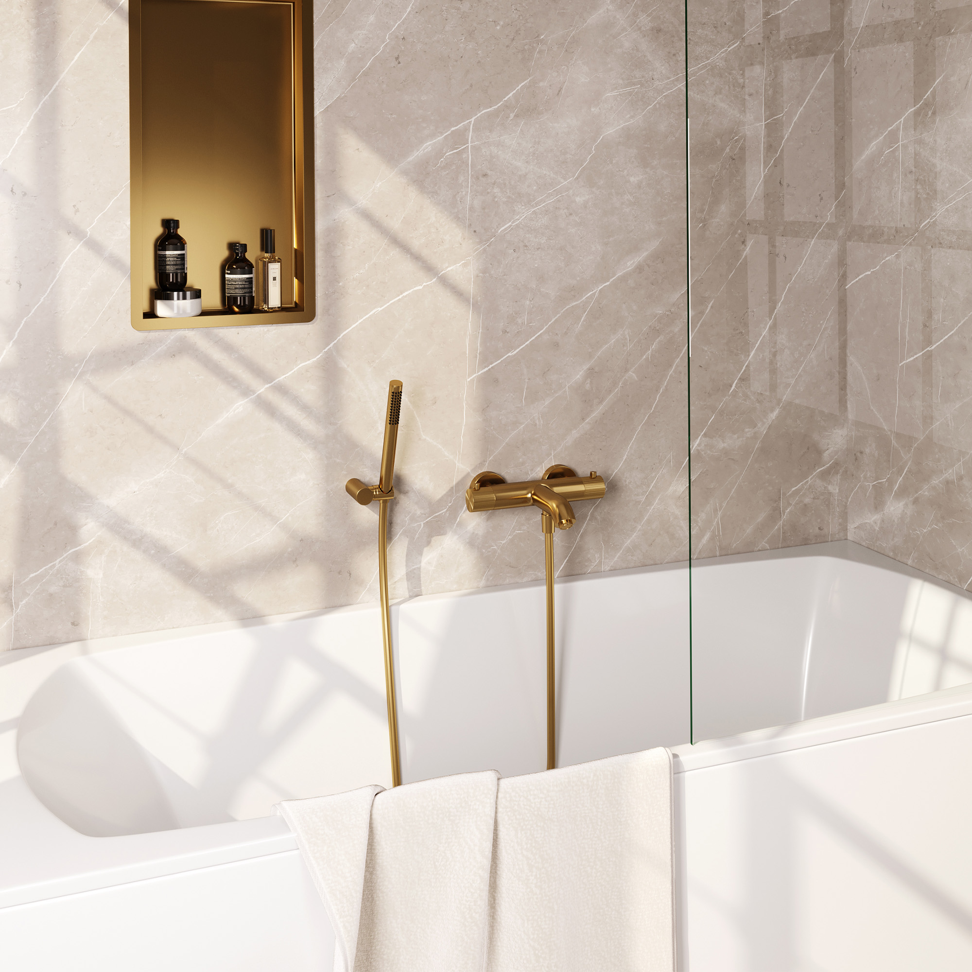 Brauer Stripe opbouw baddouche thermostaatkraan SET 03 met wandhouder en staaf handdouche en doucheslang goud geborsteld PVD