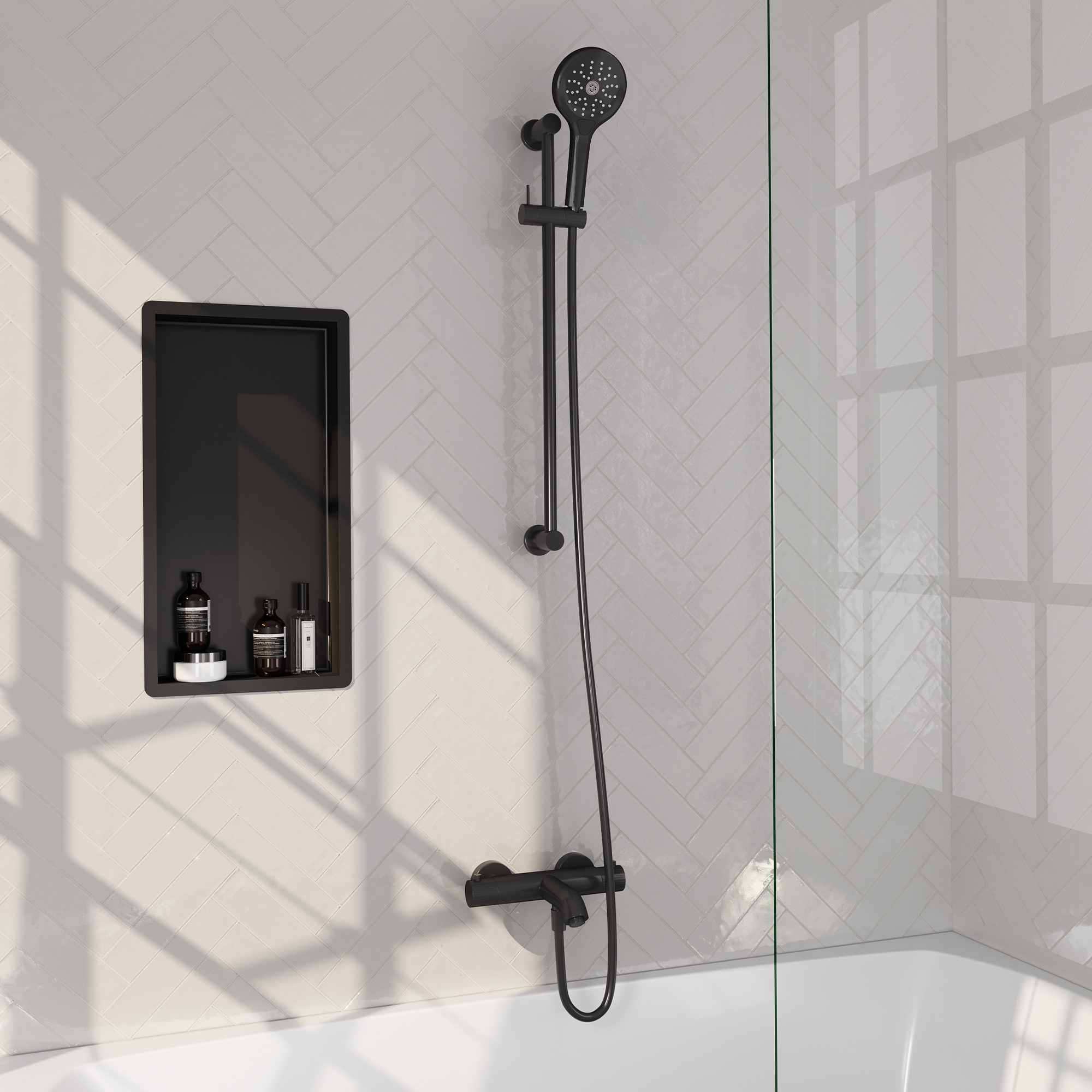 Brauer Stripe opbouw baddouche thermostaatkraan SET 02 met glijstang en 3-standen handdouche en doucheslang mat zwart