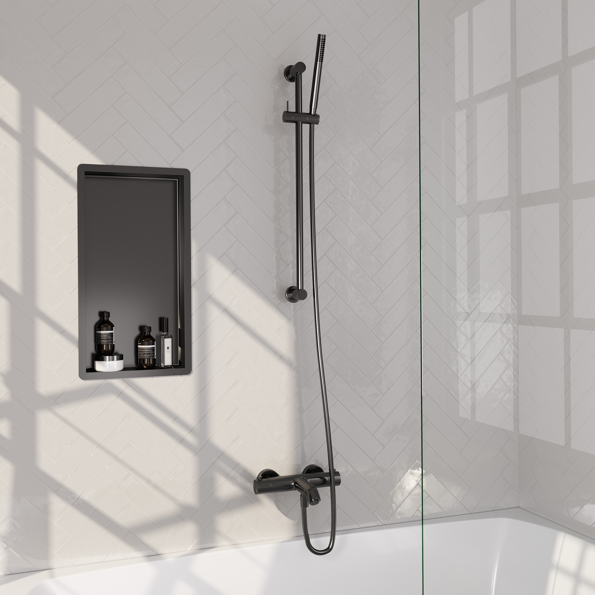 Brauer Stripe opbouw baddouche thermostaatkraan SET 01 met glijstang en staaf handdouche en doucheslang gunmetal geborsteld PVD