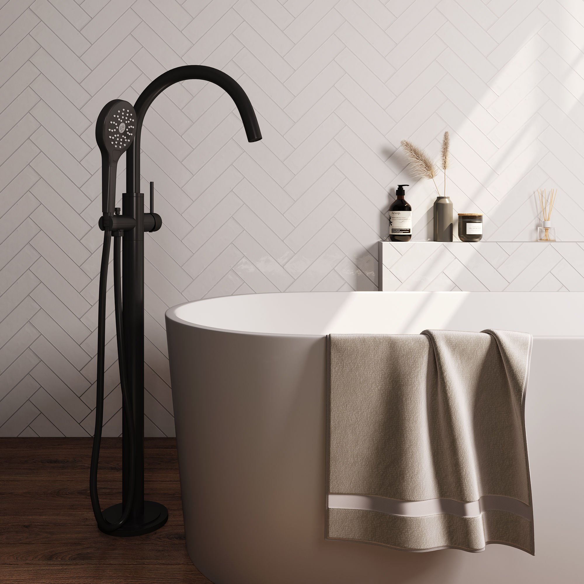 Brauer Stripe vrijstaande badmengkraan SET 02 met 3-standen handdouche en doucheslang mat zwart