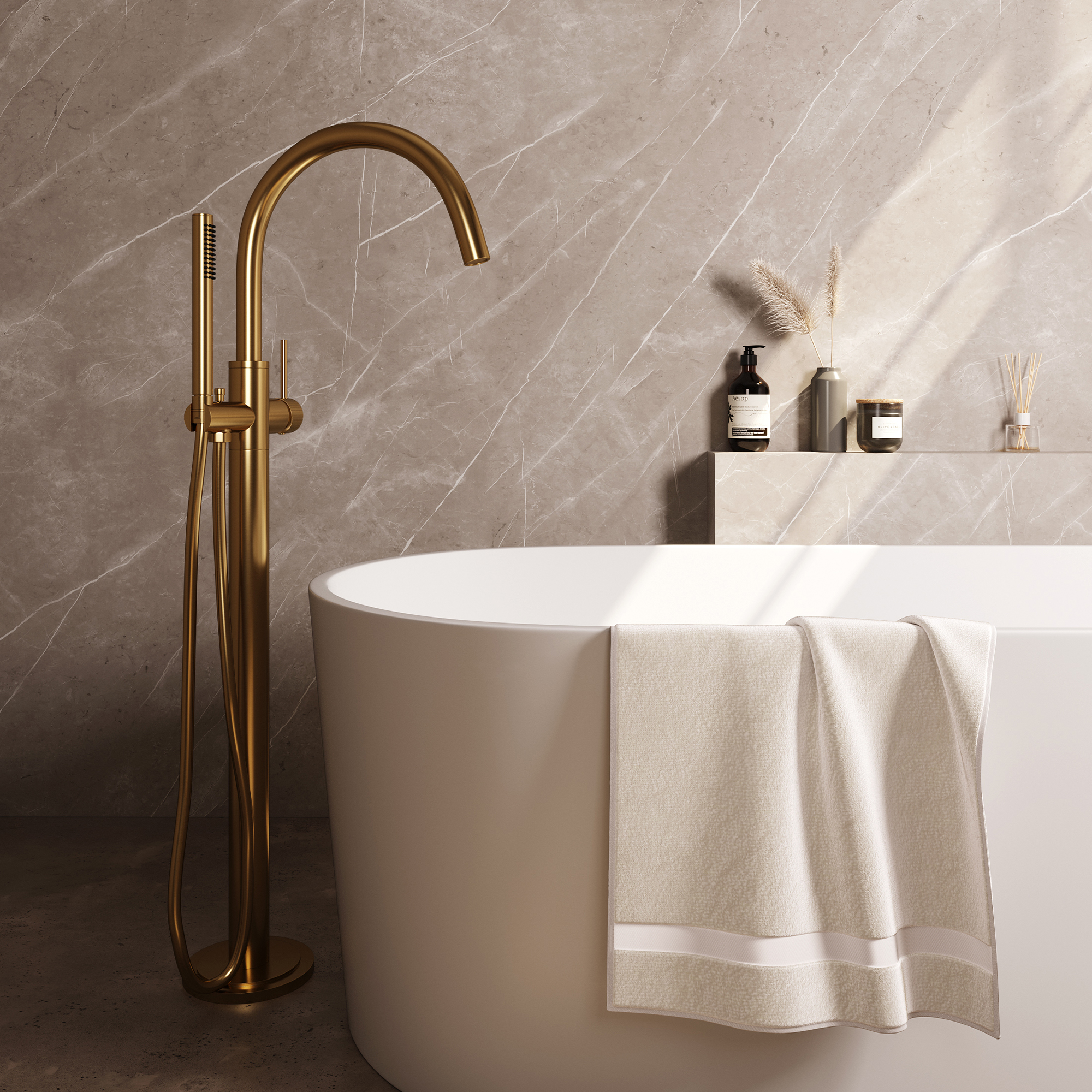 Brauer Stripe vrijstaande badmengkraan SET 01 met staaf handdouche en doucheslang goud geborsteld PVD