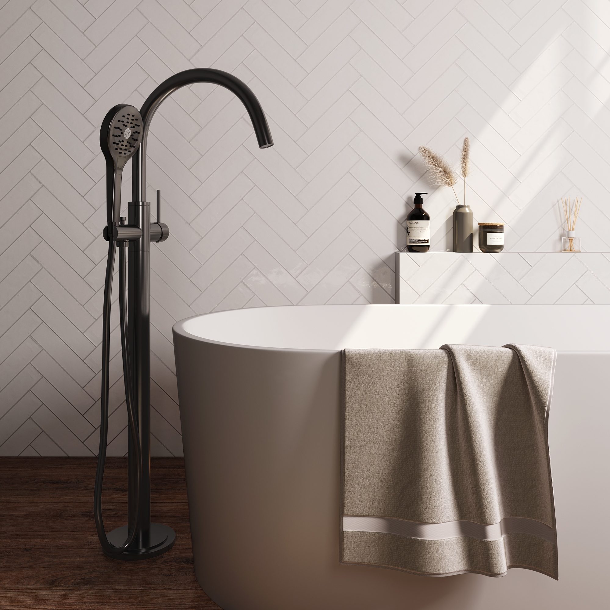 Brauer Stripe vrijstaande badmengkraan SET 02 met 3-standen handdouche en doucheslang gunmetal geborsteld PVD