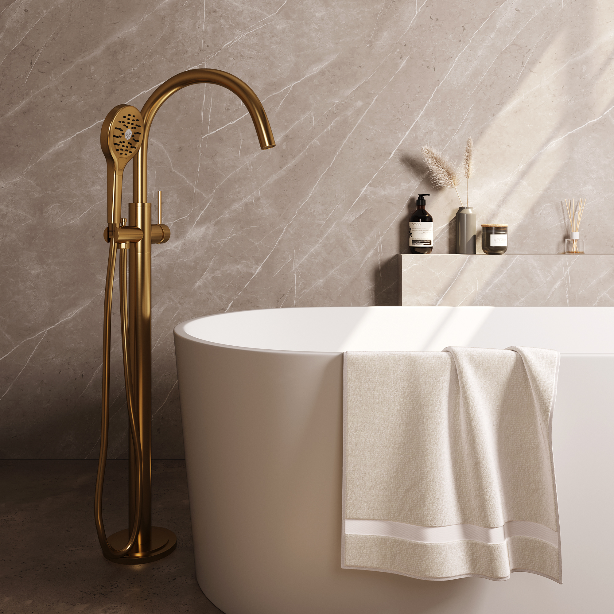 Brauer Stripe vrijstaande badmengkraan SET 02 met 3-standen handdouche en doucheslang goud geborsteld PVD