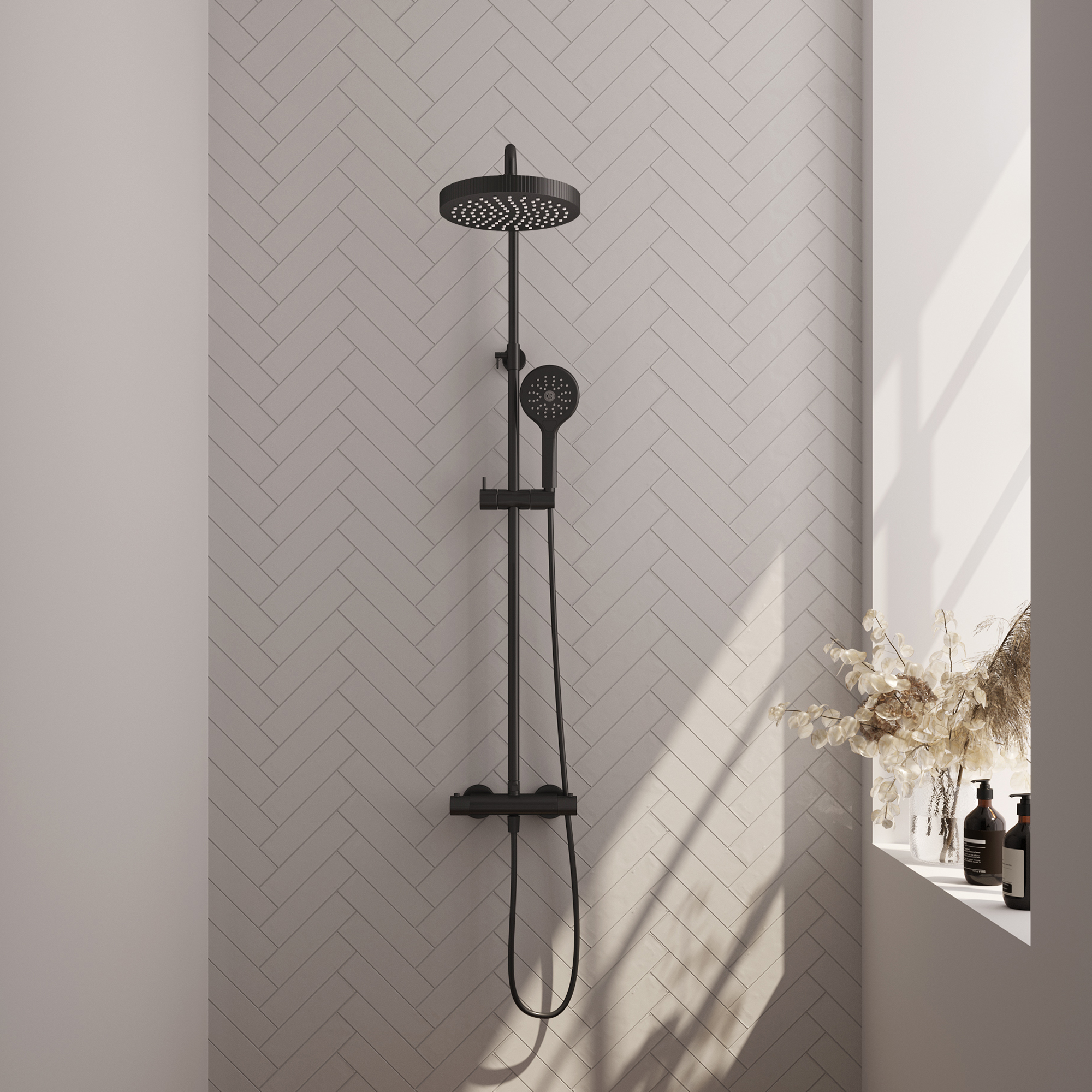 Brauer Stripe opbouw thermostatische regendouche SET 02 met 25 cm hoofddouche en 3-standen handdouche en doucheslang mat zwart