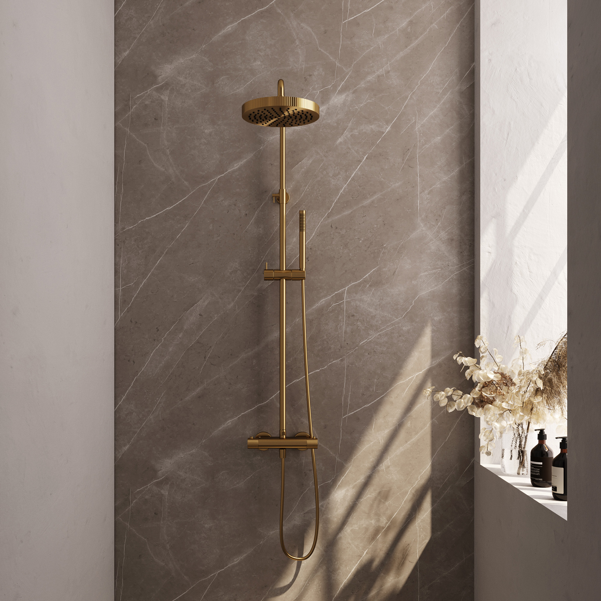 Brauer Stripe opbouw thermostatische regendouche SET 01 met 25 cm hoofddouche en staaf handdouche en doucheslang goud geborsteld PVD