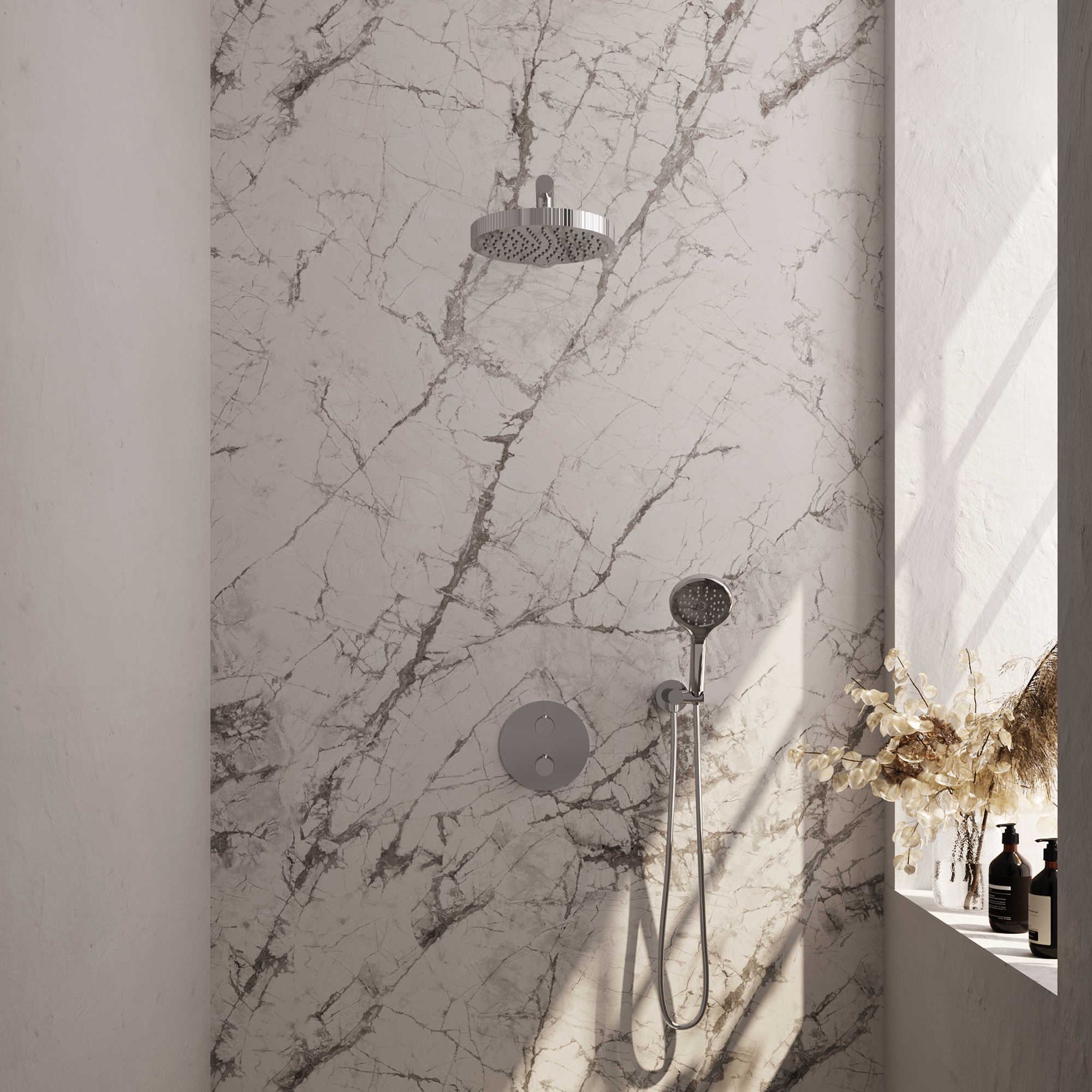 Brauer Stripe thermostatische inbouw regendouche 3-weg rond SET 40 met 25 cm douchekop en rechte muurarm en 3-standen handdouche en doucheslang en wandaansluitbocht chroom
