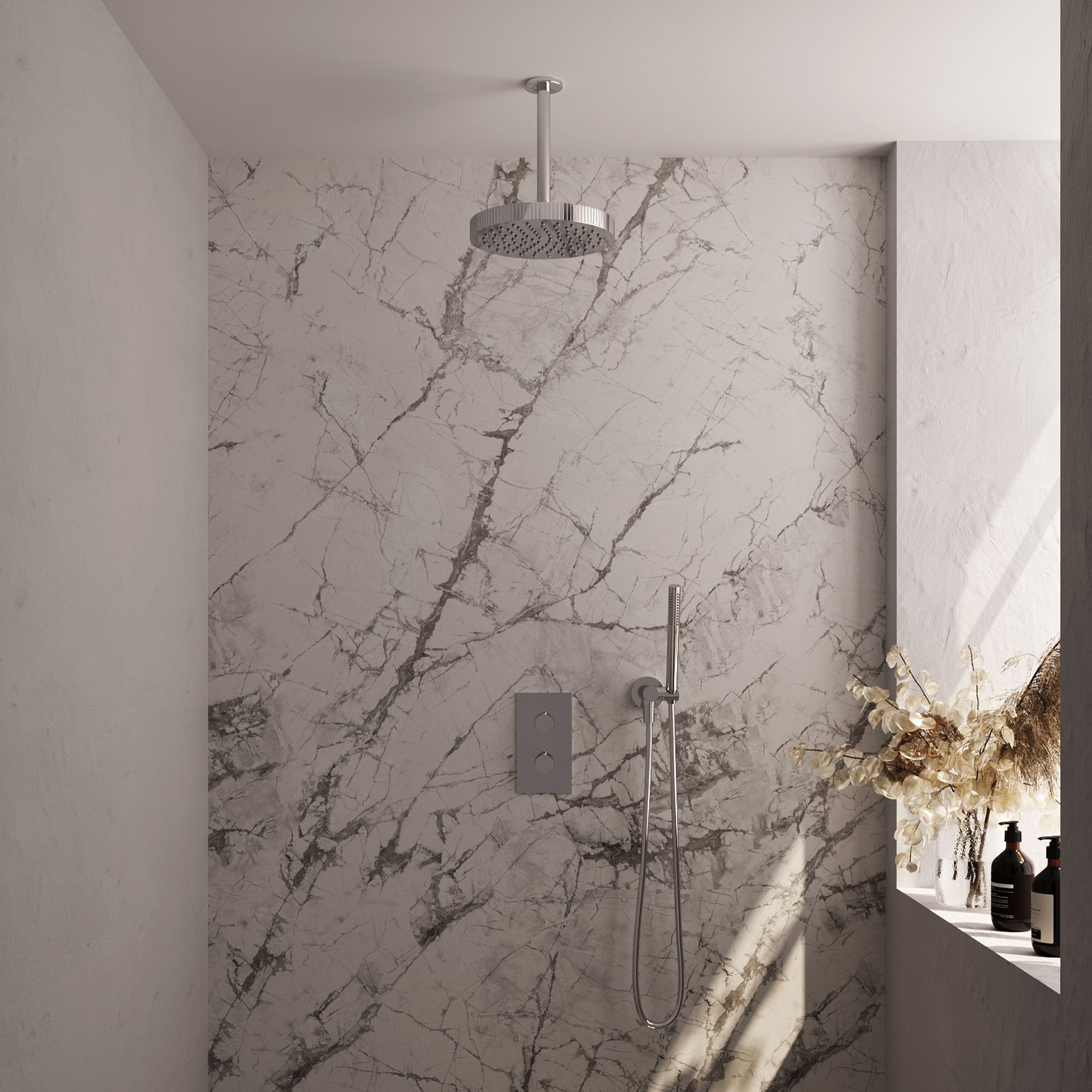 Brauer Stripe thermostatische inbouw regendouche 3-weg rechthoekig SET 15 met 25 cm douchekop en plafondarm en staaf handdouche en doucheslang en wandaansluitbocht chroom