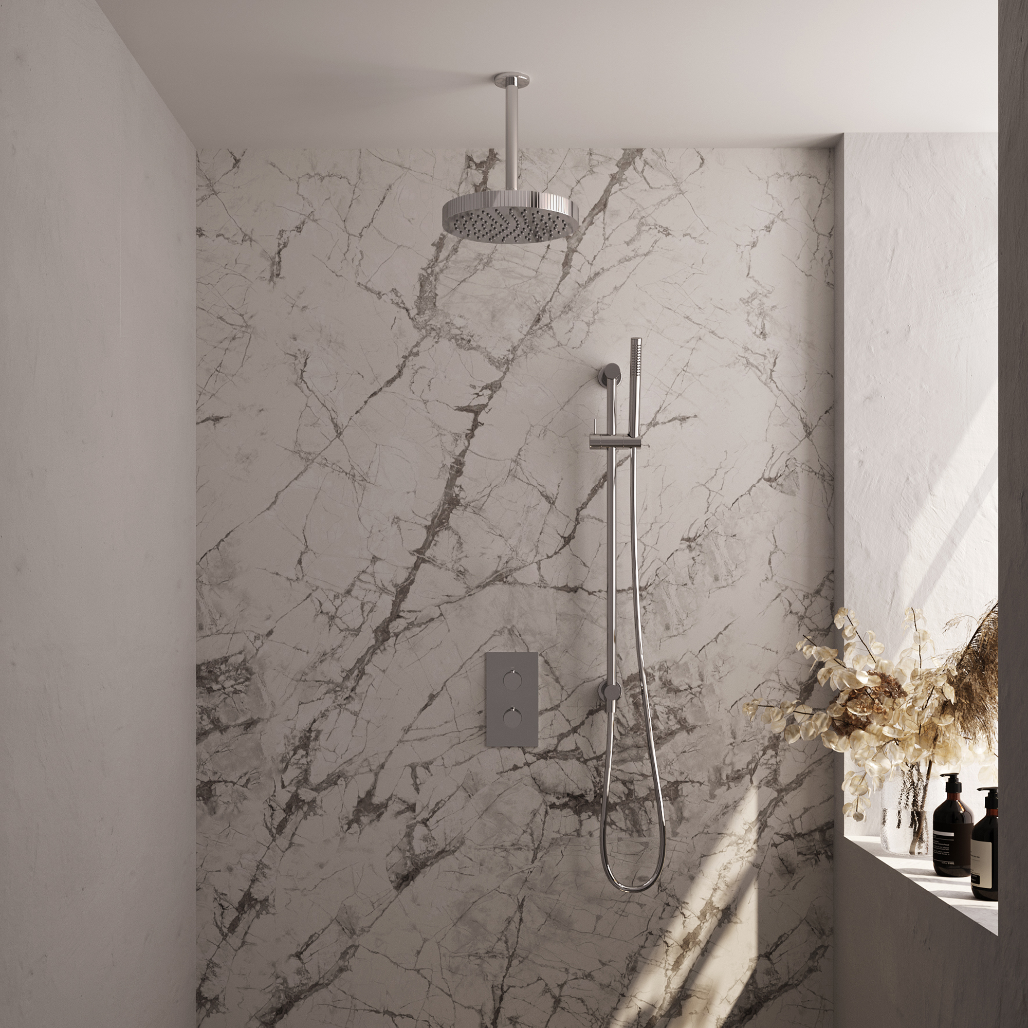 Brauer Stripe thermostatische inbouw regendouche 3-weg rechthoekig SET 21 met 25 cm douchekop en plafondarm en staaf handdouche en doucheslang en geintegreerde glijstang chroom