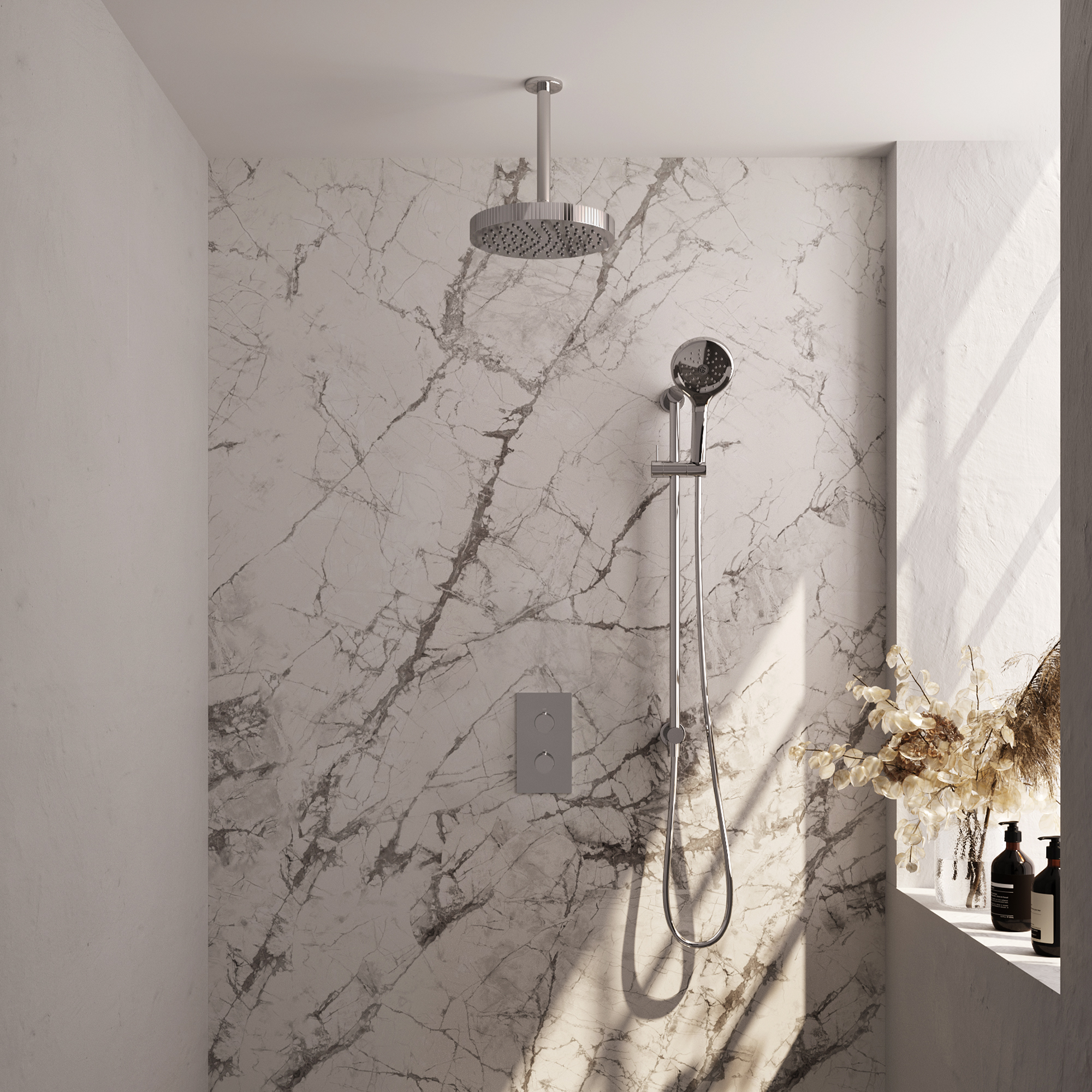 Brauer Stripe thermostatische inbouw regendouche 3-weg rechthoekig SET 24 met 25 cm douchekop en plafondarm en 3-standen handdouche en doucheslang en geintegreerde glijstang chroom