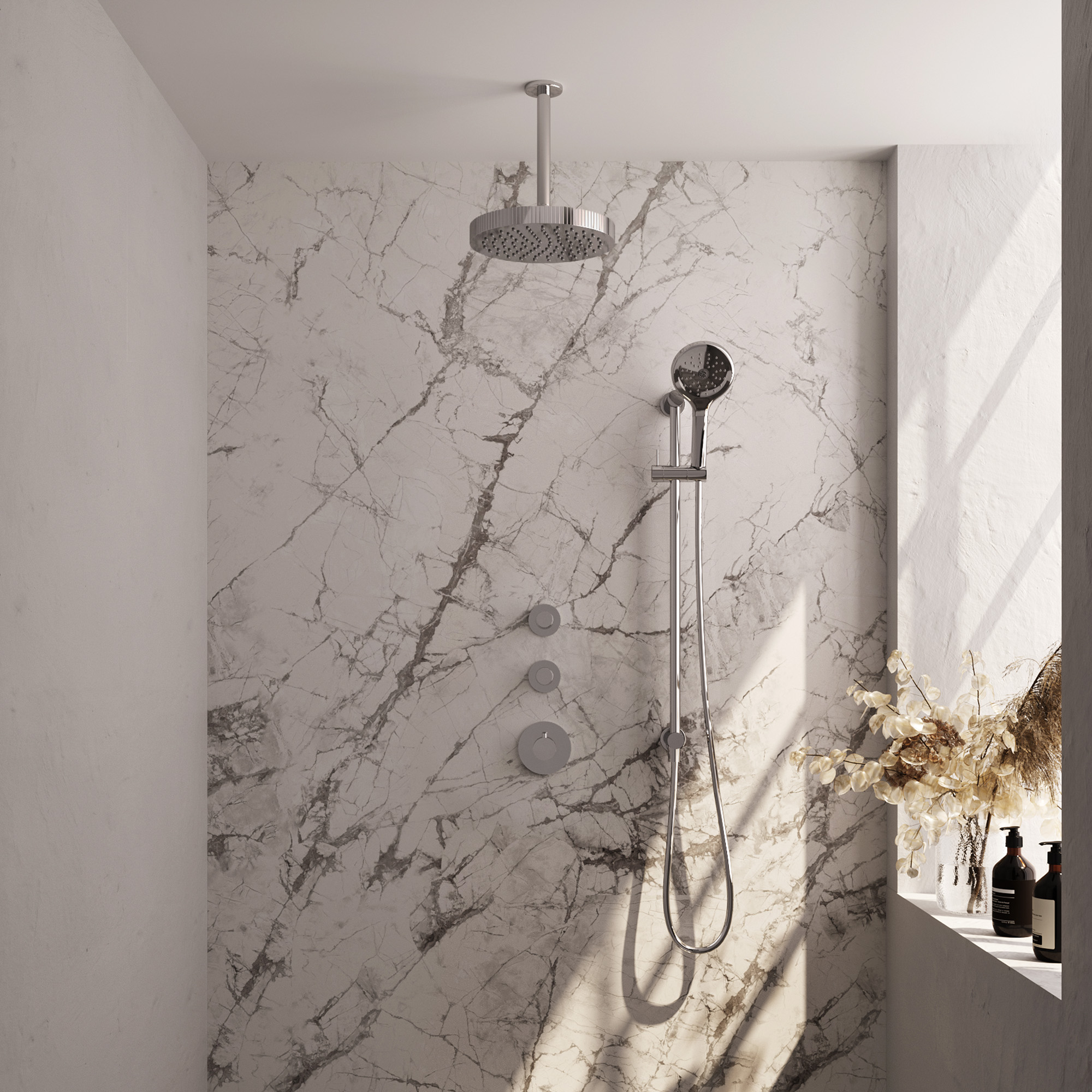 Brauer Stripe thermostatische inbouw regendouche SET 12 met 25 cm douchekop en plafondarm en 3-standen handdouche en doucheslang en geintegreerde glijstang chroom