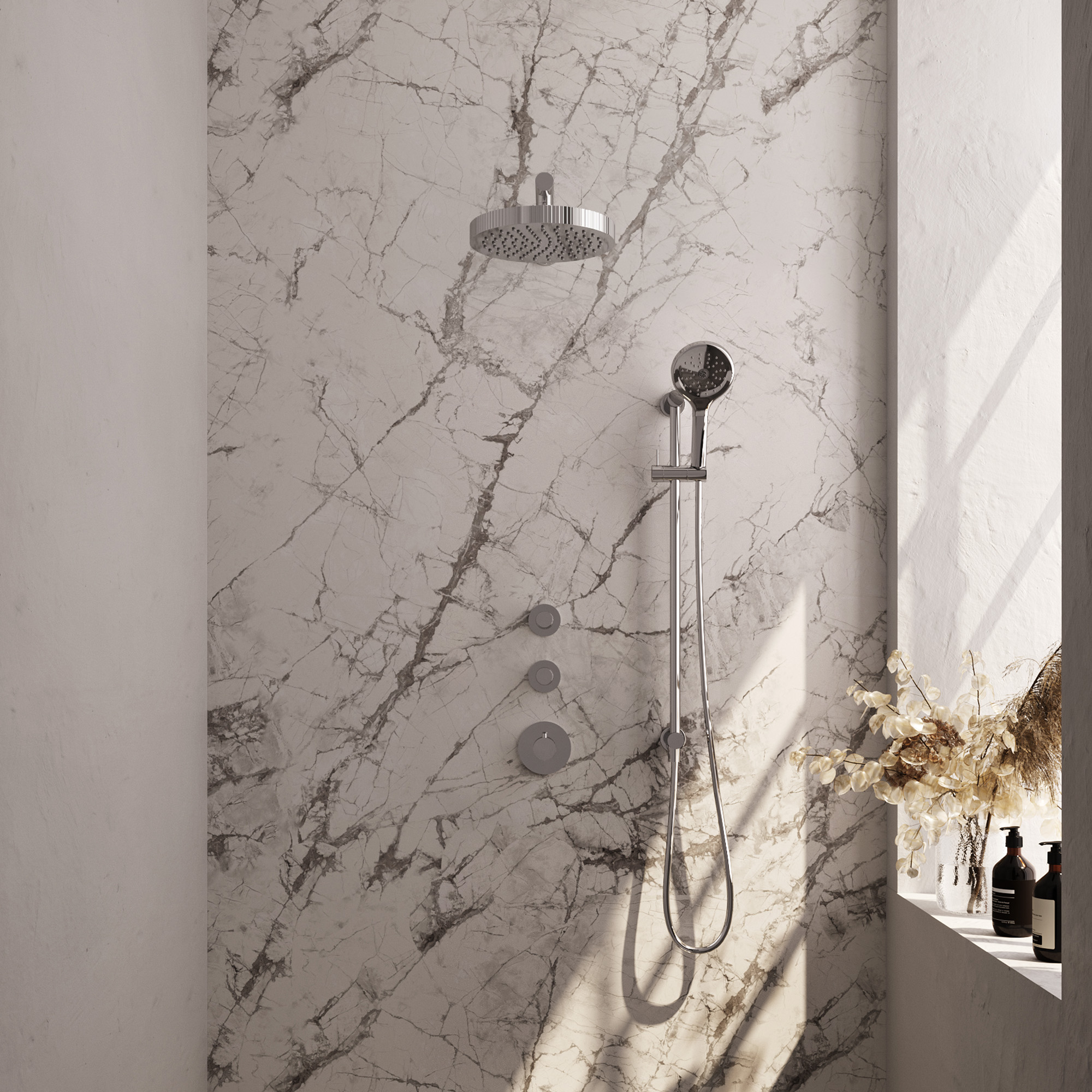Brauer Stripe thermostatische inbouw regendouche SET 10 met 25 cm douchekop en rechte muurarm en 3-standen handdouche en doucheslang en geintegreerde glijstang chroom
