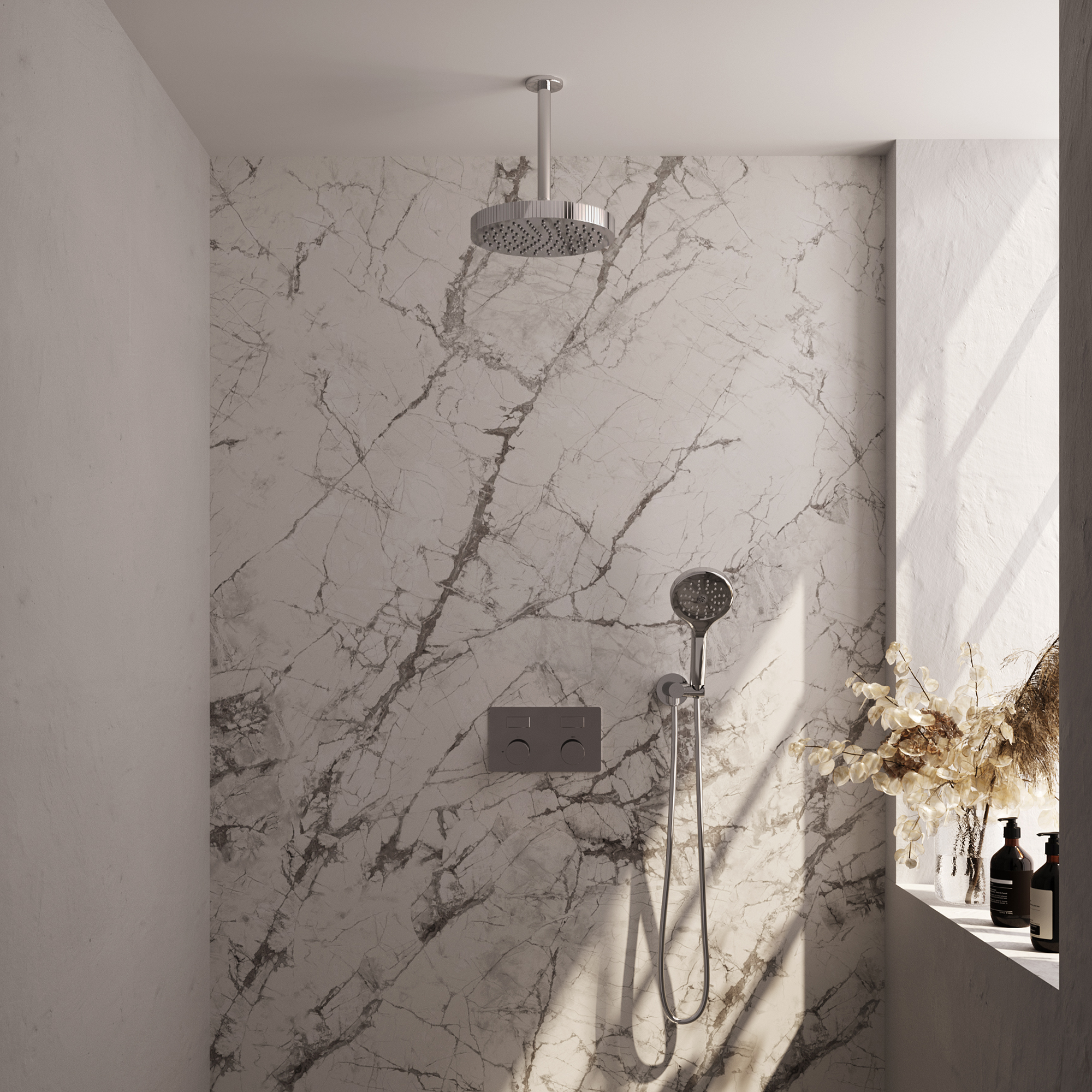 Brauer Stripe thermostatische inbouw regendouche met drukknoppen SET 30 met 25 cm douchekop en plafondarm en 3-standen handdouche en doucheslang en wandaansluitbocht chroom