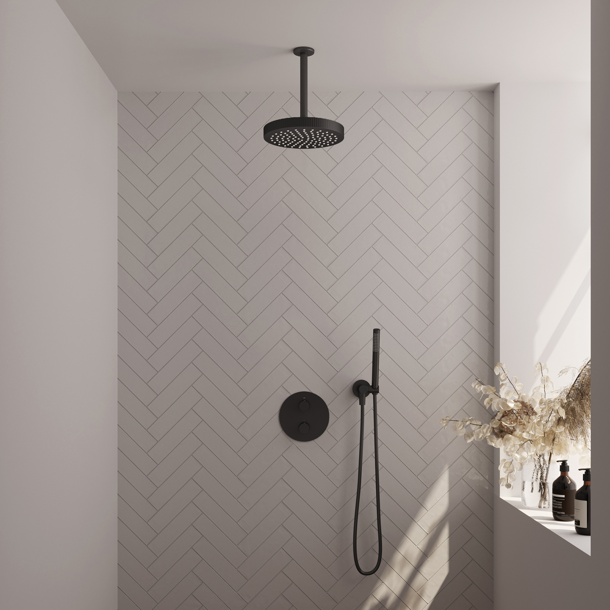 Brauer Stripe thermostatische inbouw regendouche 3-weg rond SET 39 met 25 cm douchekop en plafondarm en staaf handdouche en doucheslang en wandaansluitbocht mat zwart