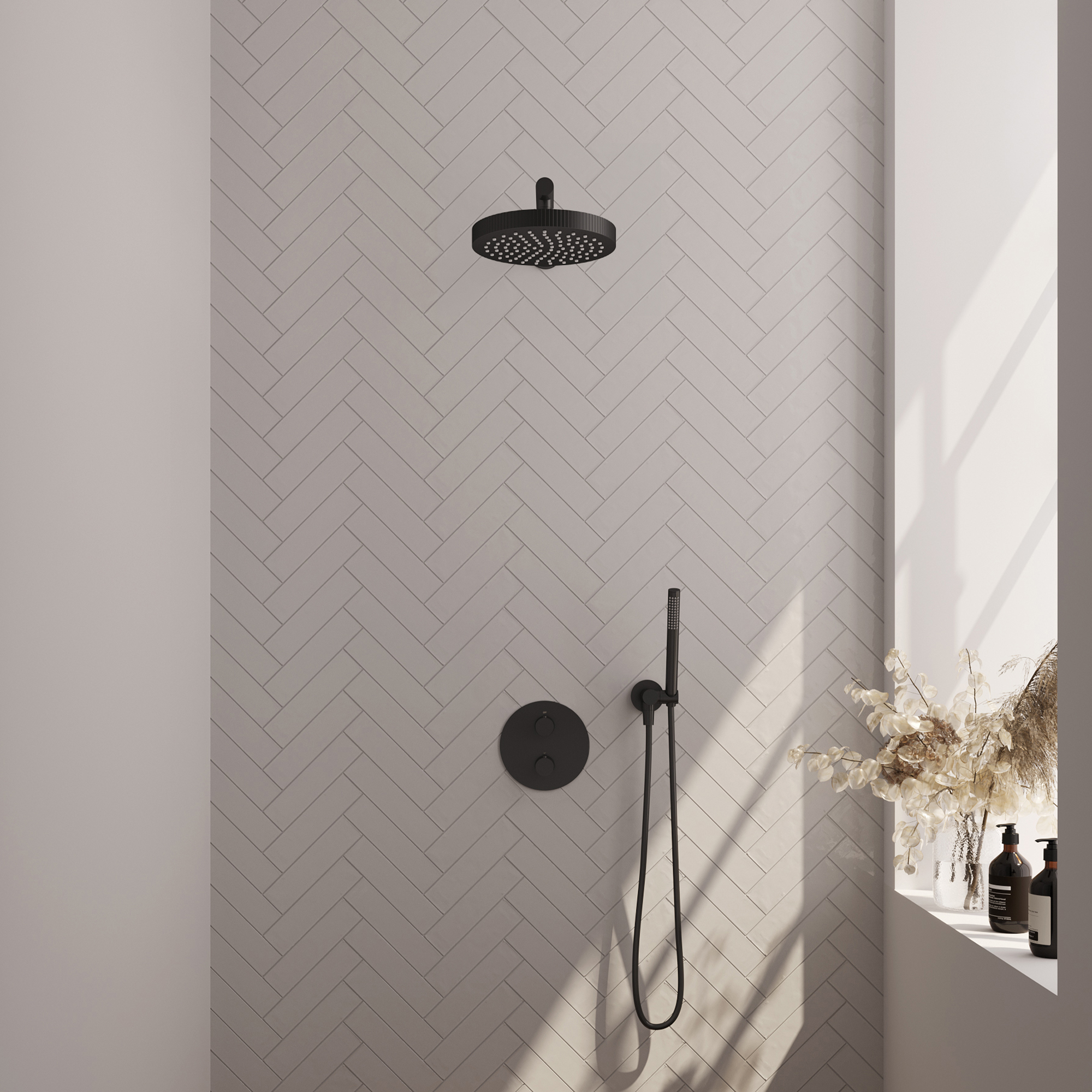 Brauer Stripe thermostatische inbouw regendouche 3-weg rond SET 37 met 25 cm douchekop en rechte muurarm en staaf handdouche en doucheslang en wandaansluitbocht mat zwart