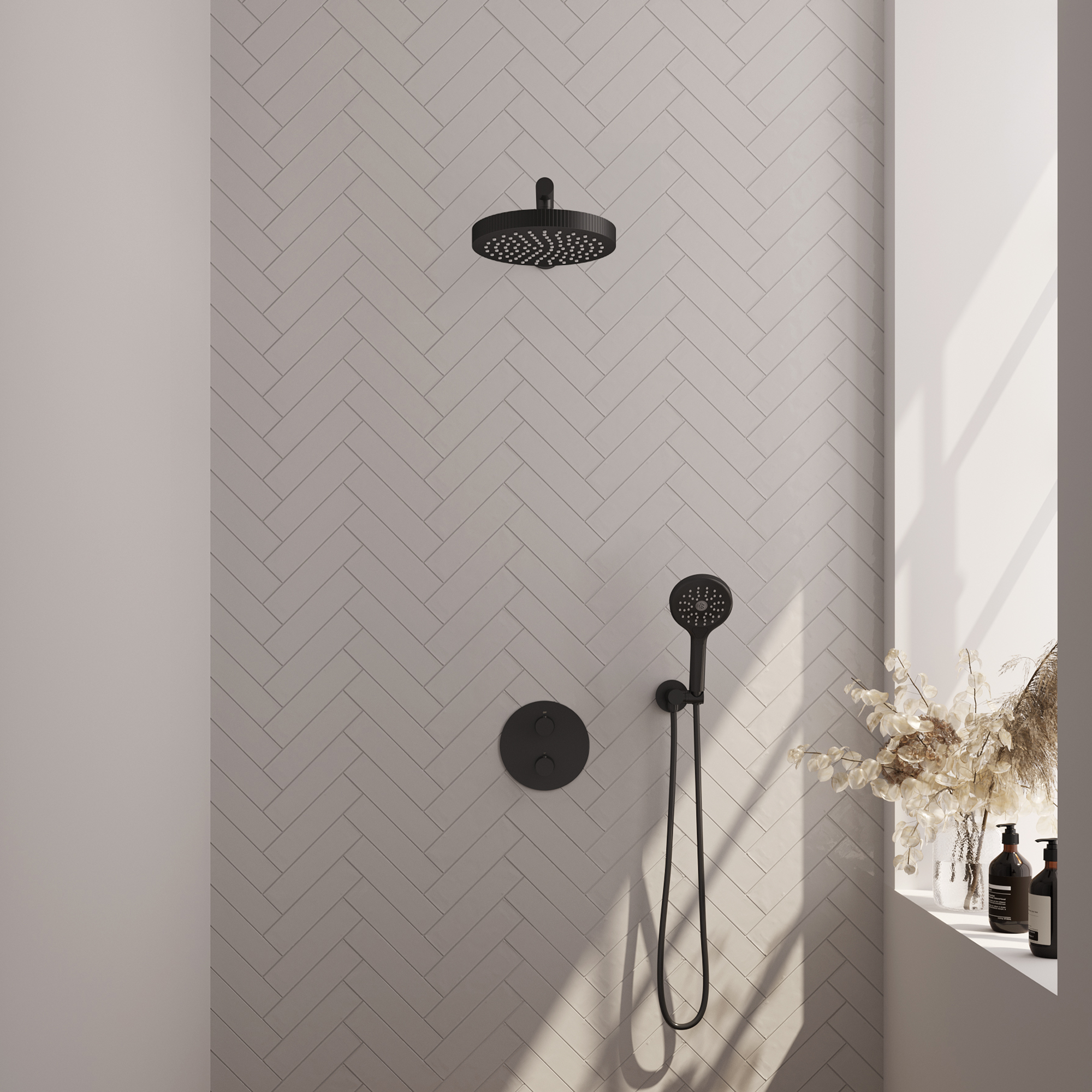 Brauer Stripe thermostatische inbouw regendouche 3-weg rond SET 40 met 25 cm douchekop en rechte muurarm en 3-standen handdouche en doucheslang en wandaansluitbocht mat zwart