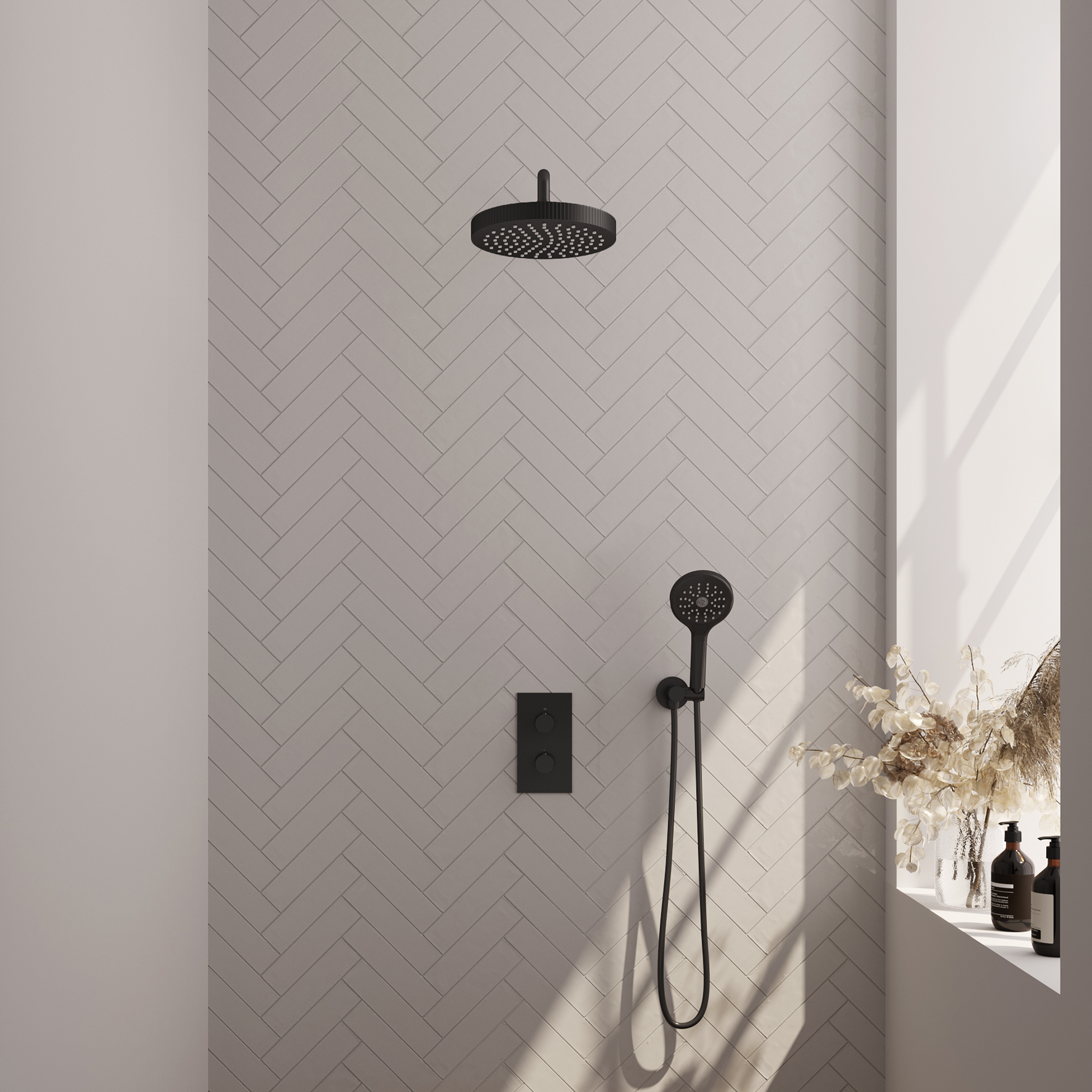 Brauer Stripe thermostatische inbouw regendouche 3-weg rechthoekig SET 17 met 25 cm douchekop en gebogen muurarm en 3-standen handdouche en doucheslang en wandaansluitbocht mat zwart