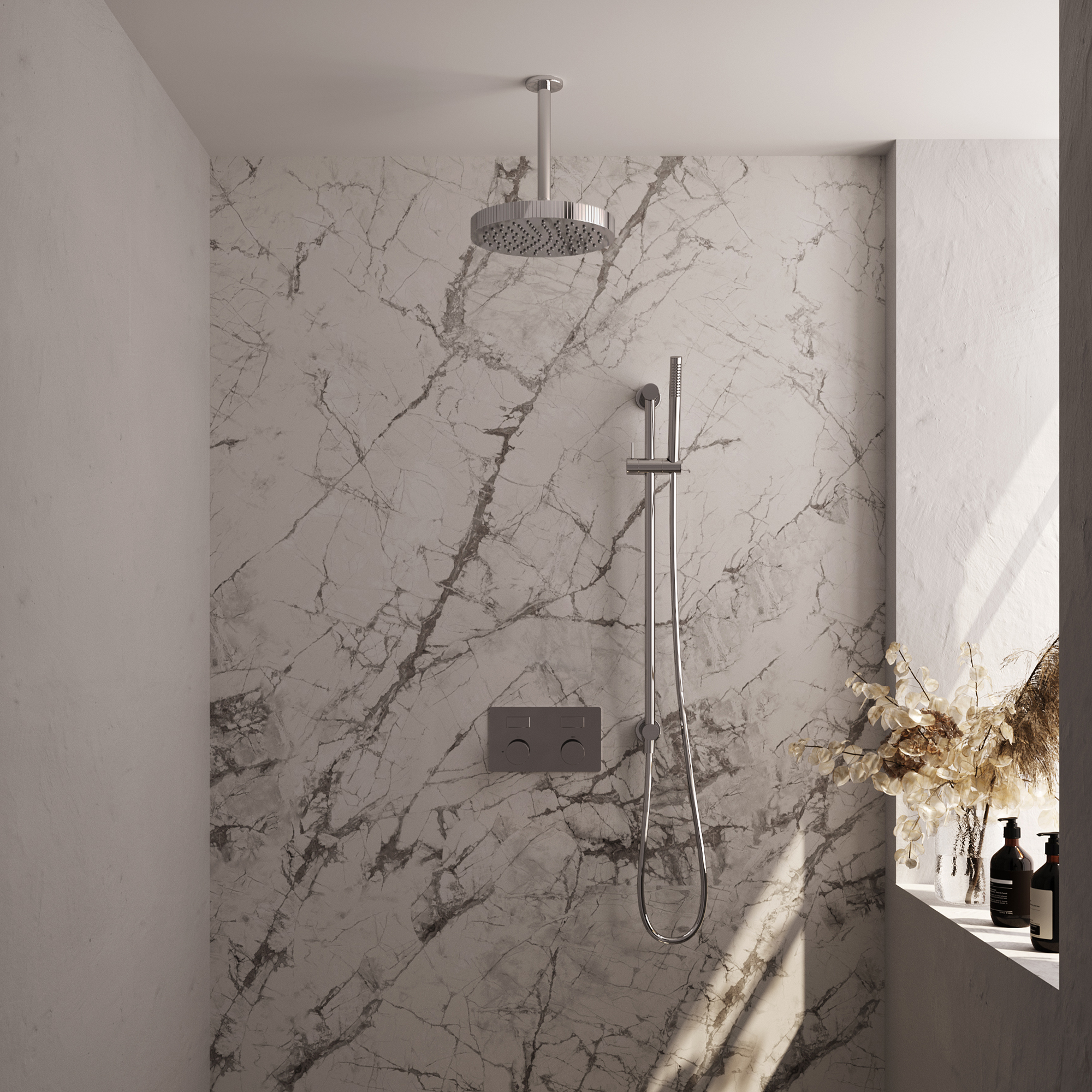 Brauer Stripe thermostatische inbouw regendouche met drukknoppen SET 33 met 25 cm douchekop en plafondarm en staaf handdouche en doucheslang en geintegreerde glijstang chroom