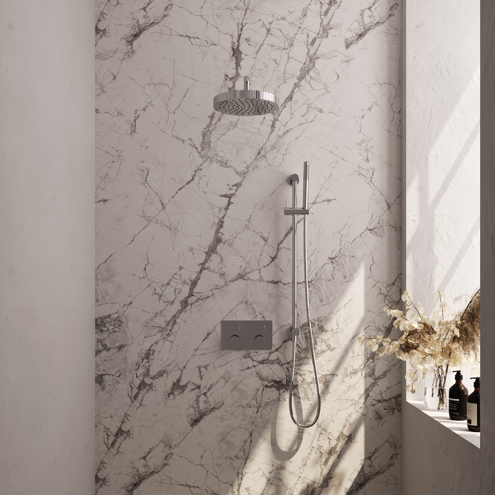 Brauer Stripe thermostatische inbouw regendouche met drukknoppen SET 32 met 25 cm douchekop en gebogen muurarm en staaf handdouche en doucheslang en geintegreerde glijstang chroom
