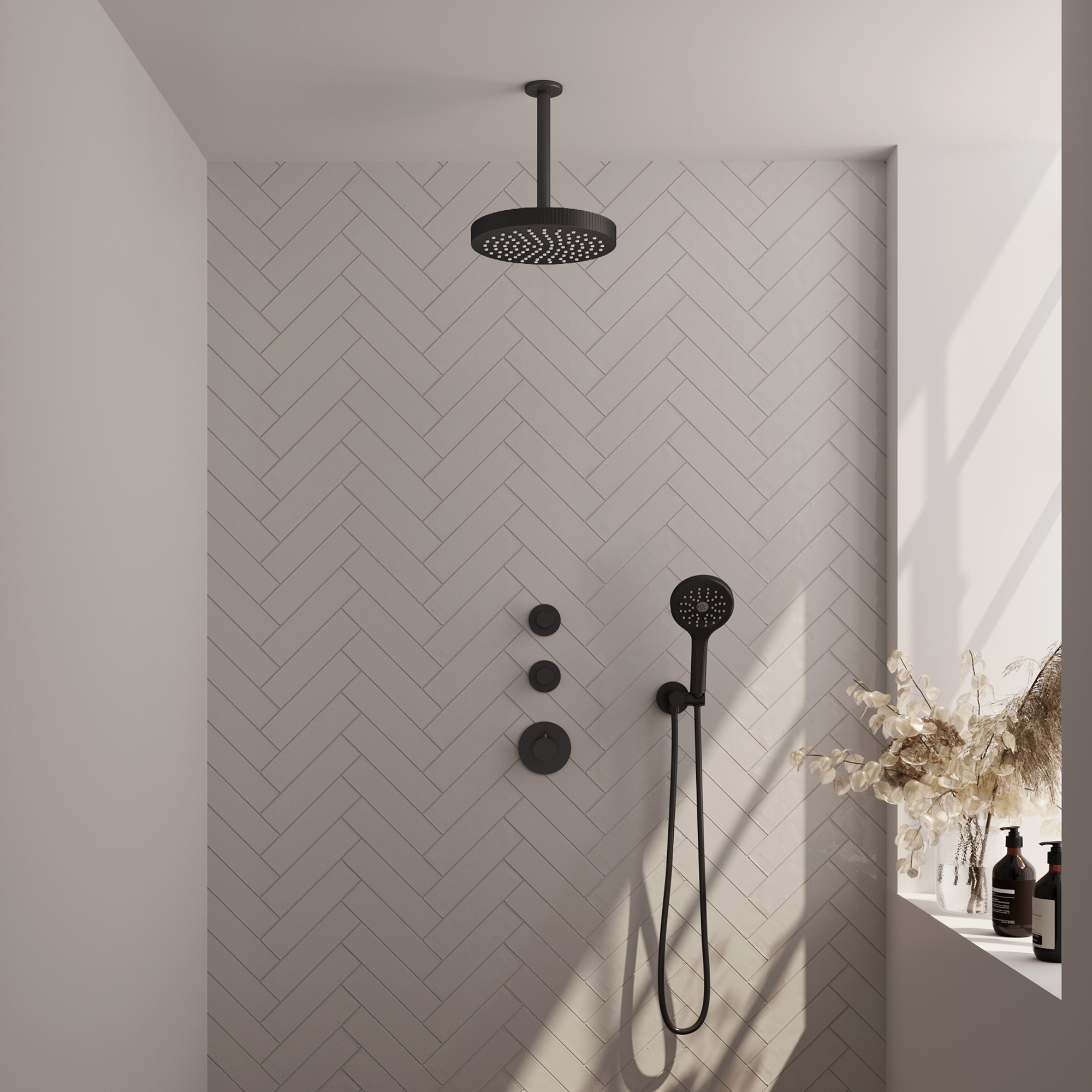 Brauer Stripe thermostatische inbouw regendouche SET 03 met 25 cm douchekop en plafondarm en staaf handdouche en doucheslang en wandaansluitbocht mat zwart