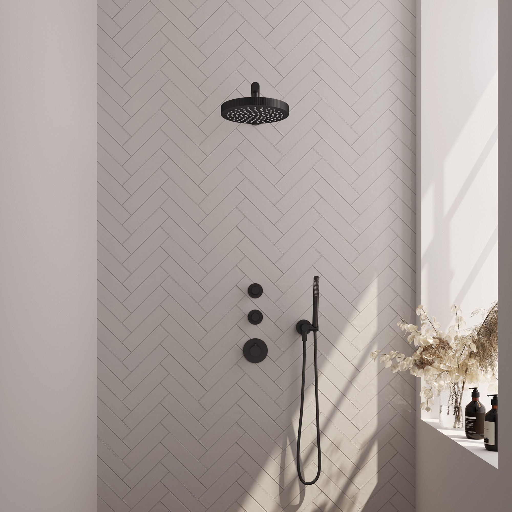 Brauer Stripe thermostatische inbouw regendouche SET 01 met 25 cm douchekop en rechte muurarm en staaf handdouche en doucheslang en wandaansluitbocht mat zwart