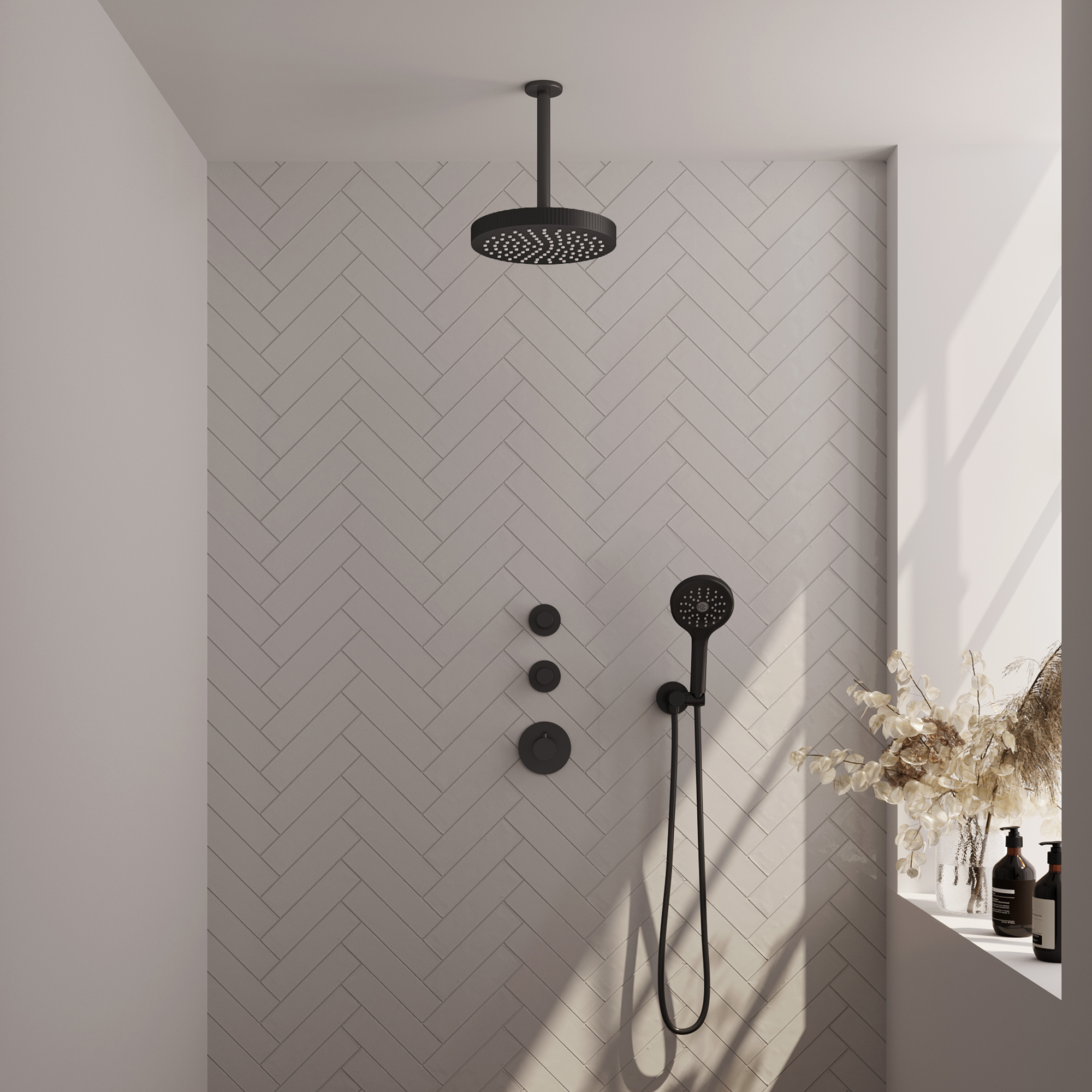 Brauer Stripe thermostatische inbouw regendouche SET 06 met 25 cm douchekop en plafondarm en 3-standen handdouche en doucheslang en wandaansluitbocht mat zwart