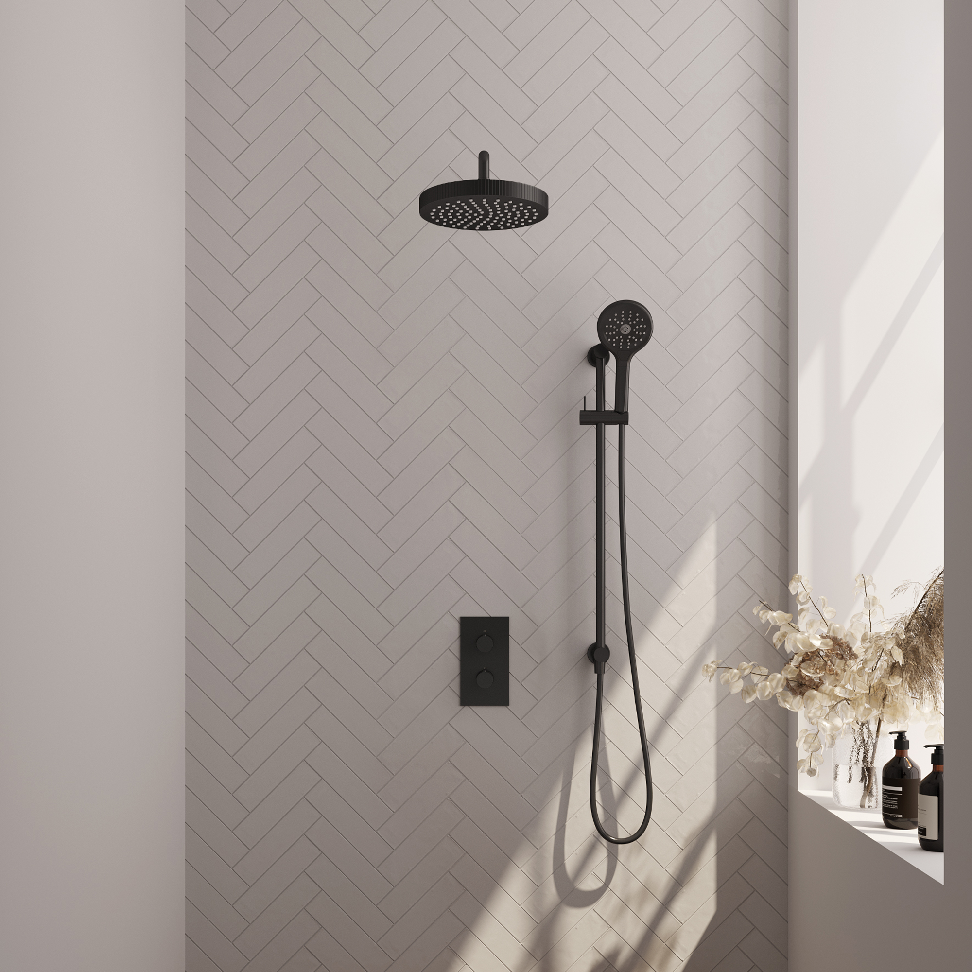 Brauer Stripe thermostatische inbouw regendouche 3-weg rechthoekig SET 23 met 25 cm douchekop en gebogen muurarm en 3-standen handdouche en doucheslang en geintegreerde glijstang mat zwart