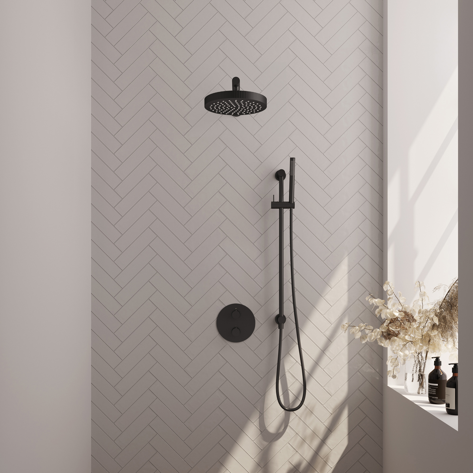 Brauer Stripe thermostatische inbouw regendouche 3-weg rond SET 43 met 25 cm douchekop en rechte muurarm en staaf handdouche en doucheslang en geintegreerde glijstang mat zwart