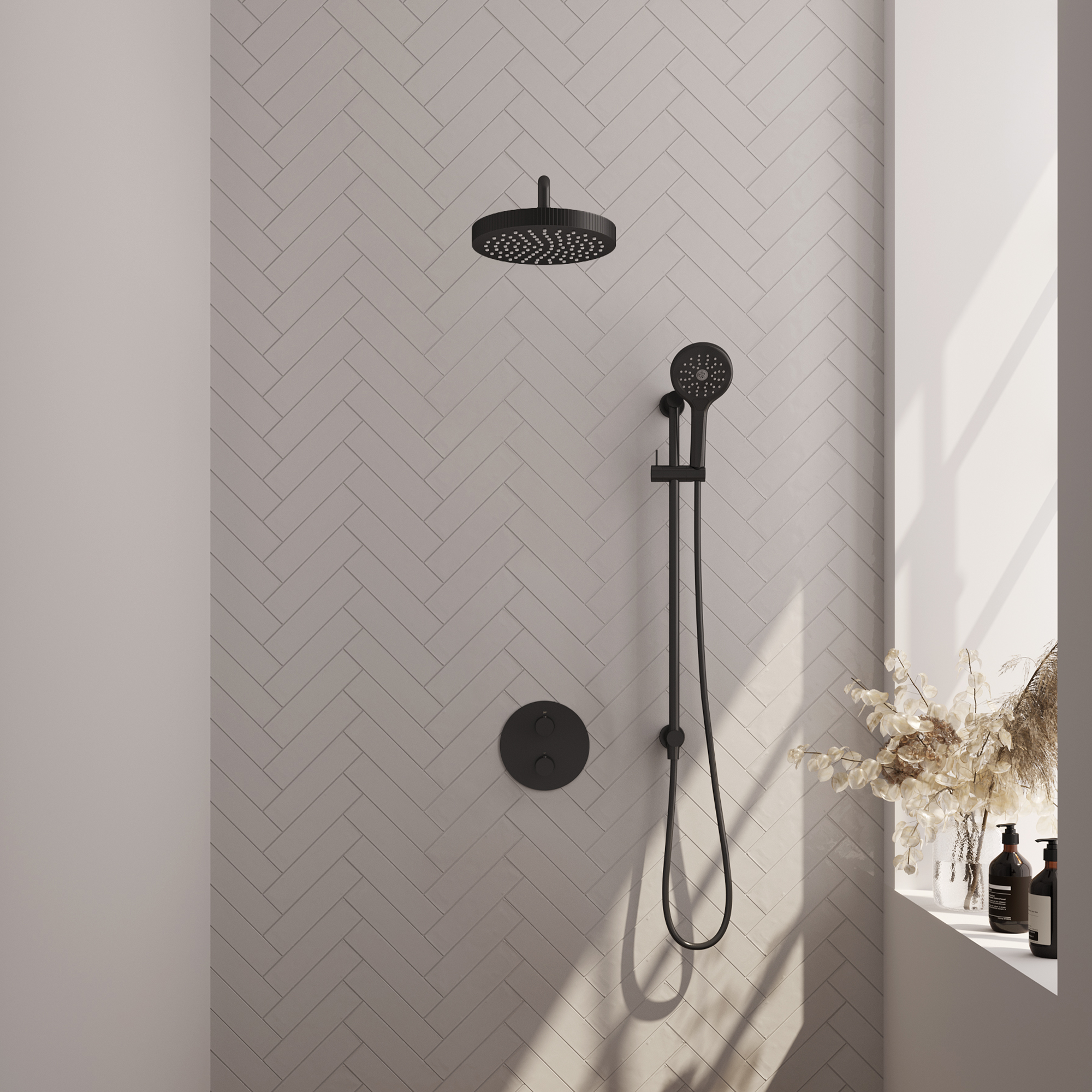Brauer Stripe thermostatische inbouw regendouche 3-weg rond SET 47 met 25 cm douchekop en gebogen muurarm en 3-standen handdouche en doucheslang en geintegreerde glijstang mat zwart