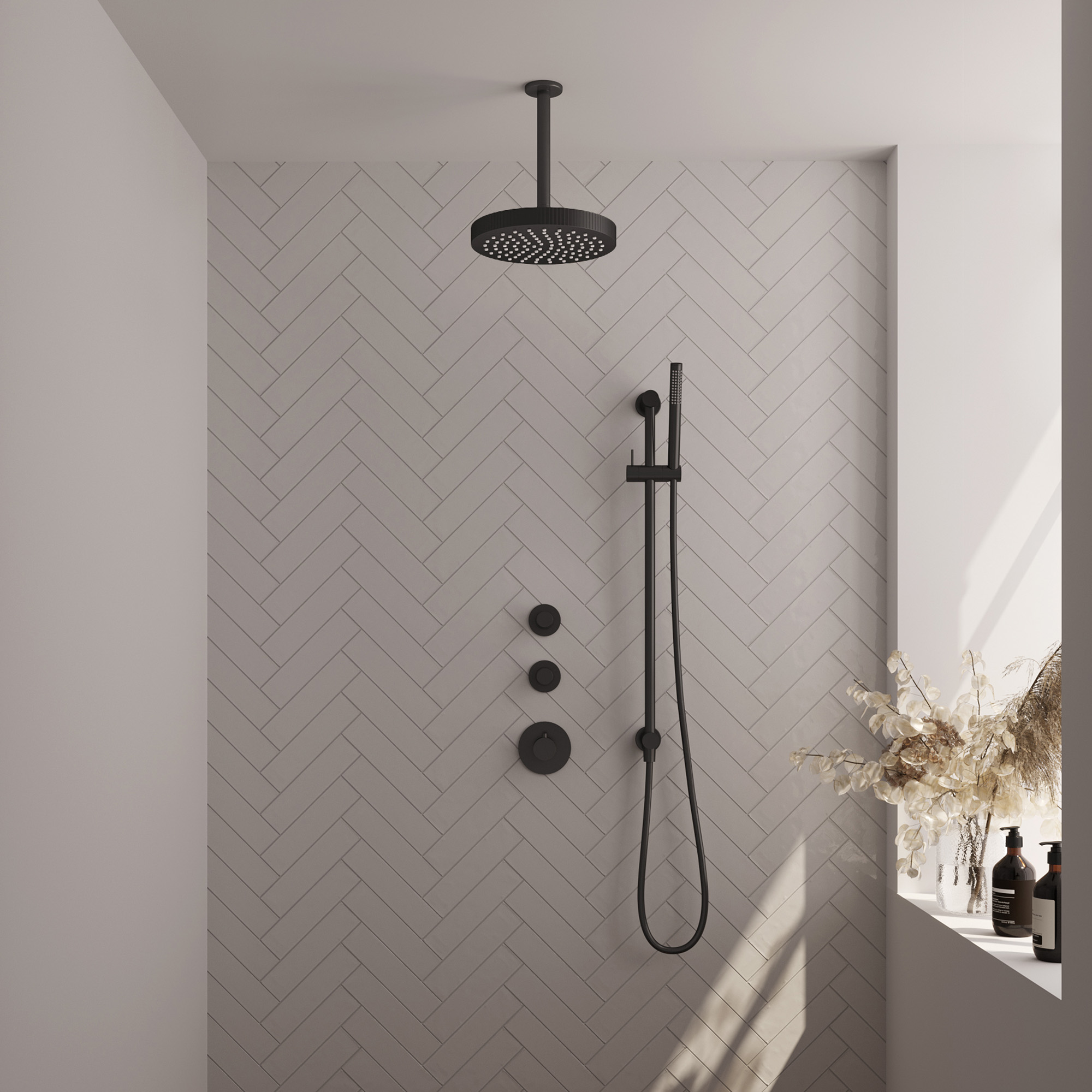 Brauer Stripe thermostatische inbouw regendouche SET 09 met 25 cm douchekop en plafondarm en staaf handdouche en doucheslang en geintegreerde glijstang mat zwart