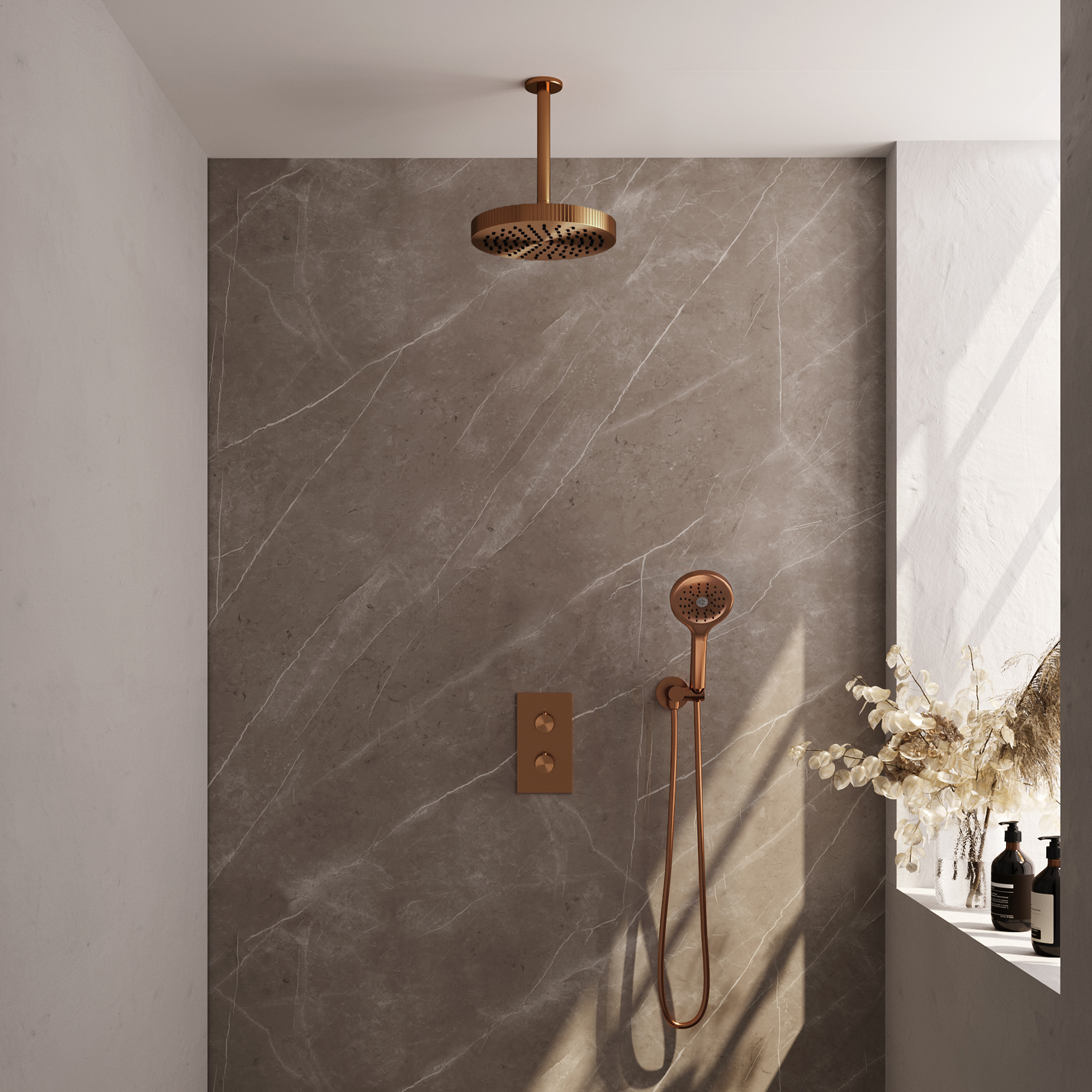 Brauer Stripe thermostatische inbouw regendouche 3-weg rechthoekig SET 18 met 25 cm douchekop en plafondarm en 3-standen handdouche en doucheslang en wandaansluitbocht koper geborsteld PVD