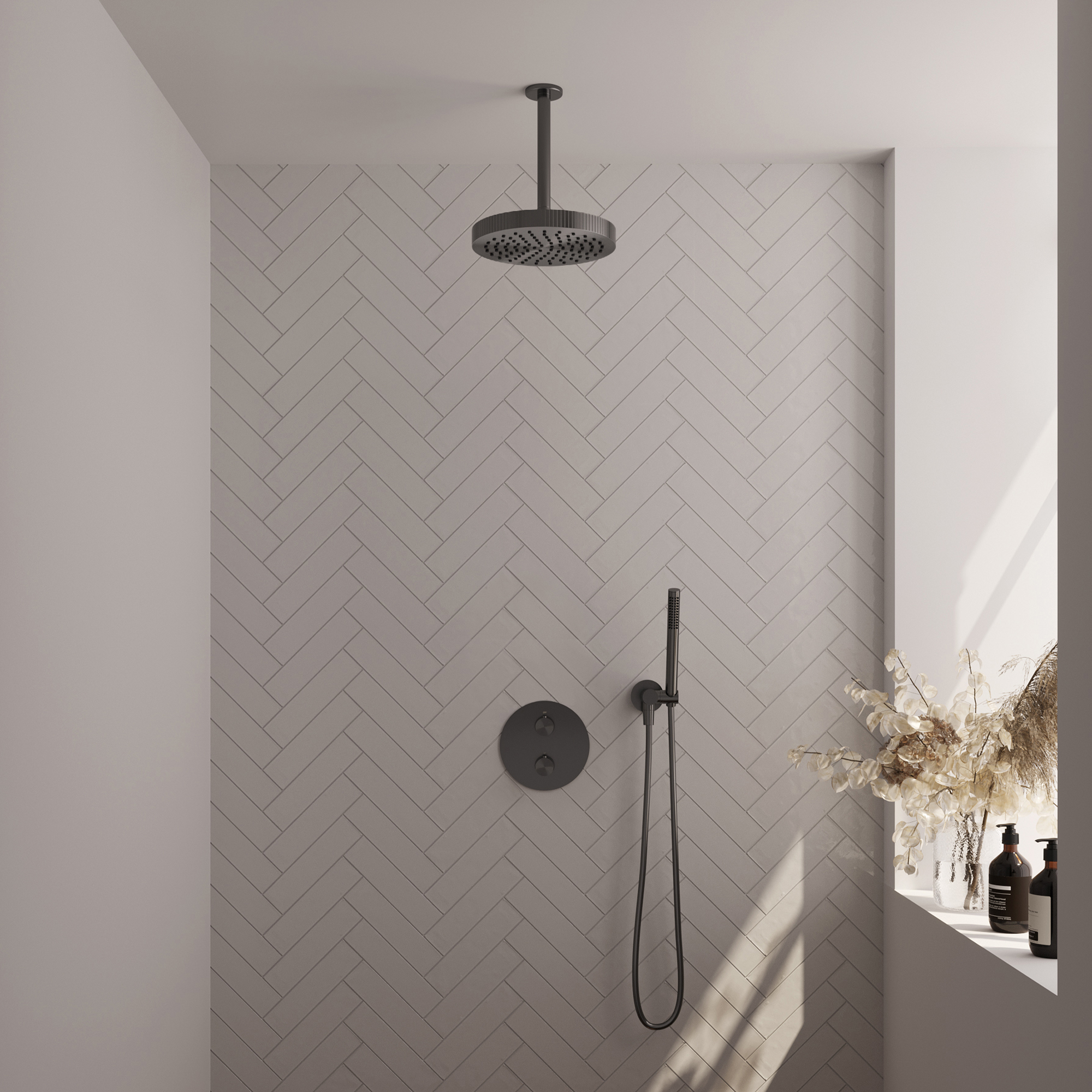 Brauer Stripe thermostatische inbouw regendouche 3-weg rond SET 39 met 25 cm douchekop en plafondarm en staaf handdouche en doucheslang en wandaansluitbocht gunmetal geborsteld PVD