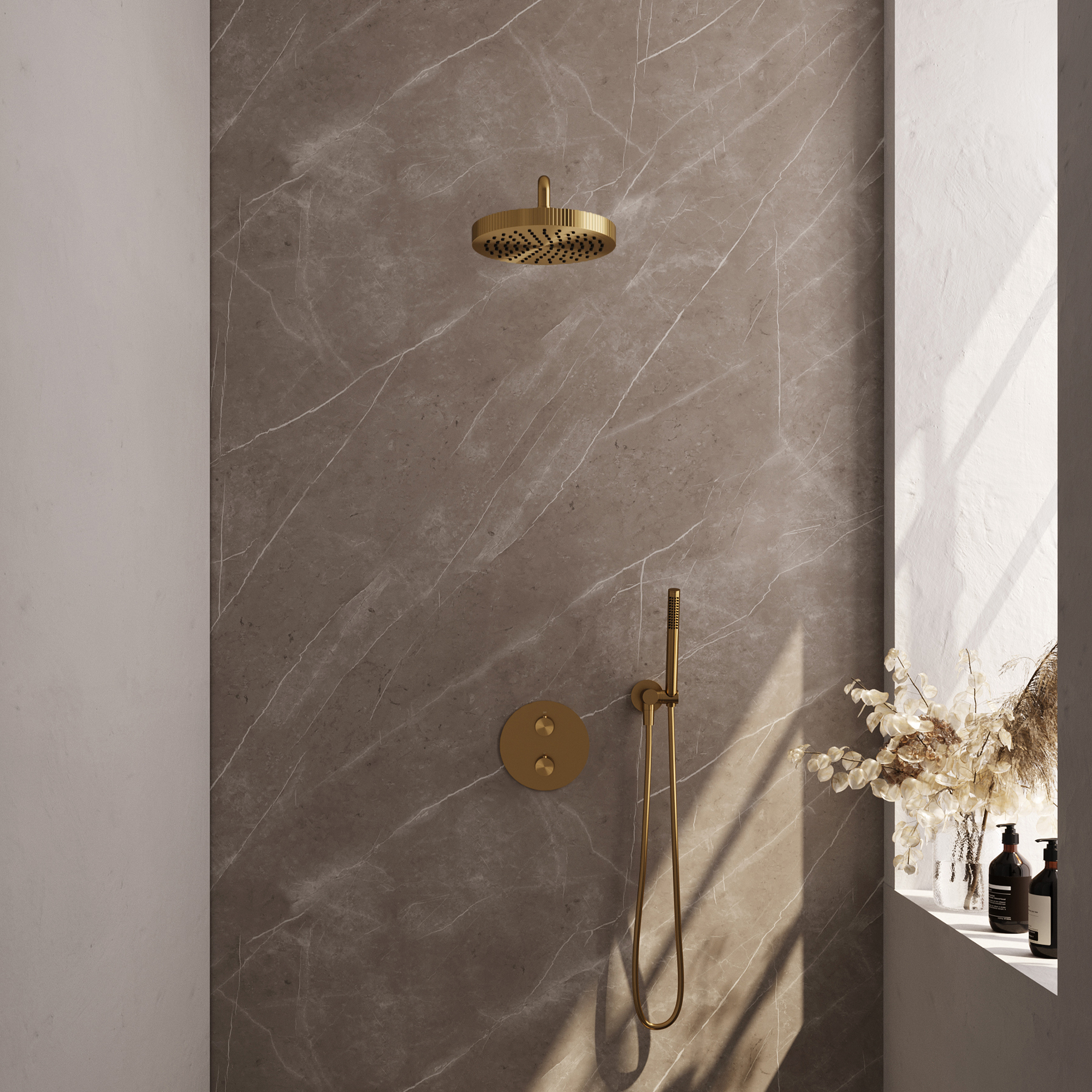 Brauer Stripe thermostatische inbouw regendouche 3-weg rond SET 38 met 25 cm douchekop en gebogen muurarm en staaf handdouche en doucheslang en wandaansluitbocht goud geborsteld PVD