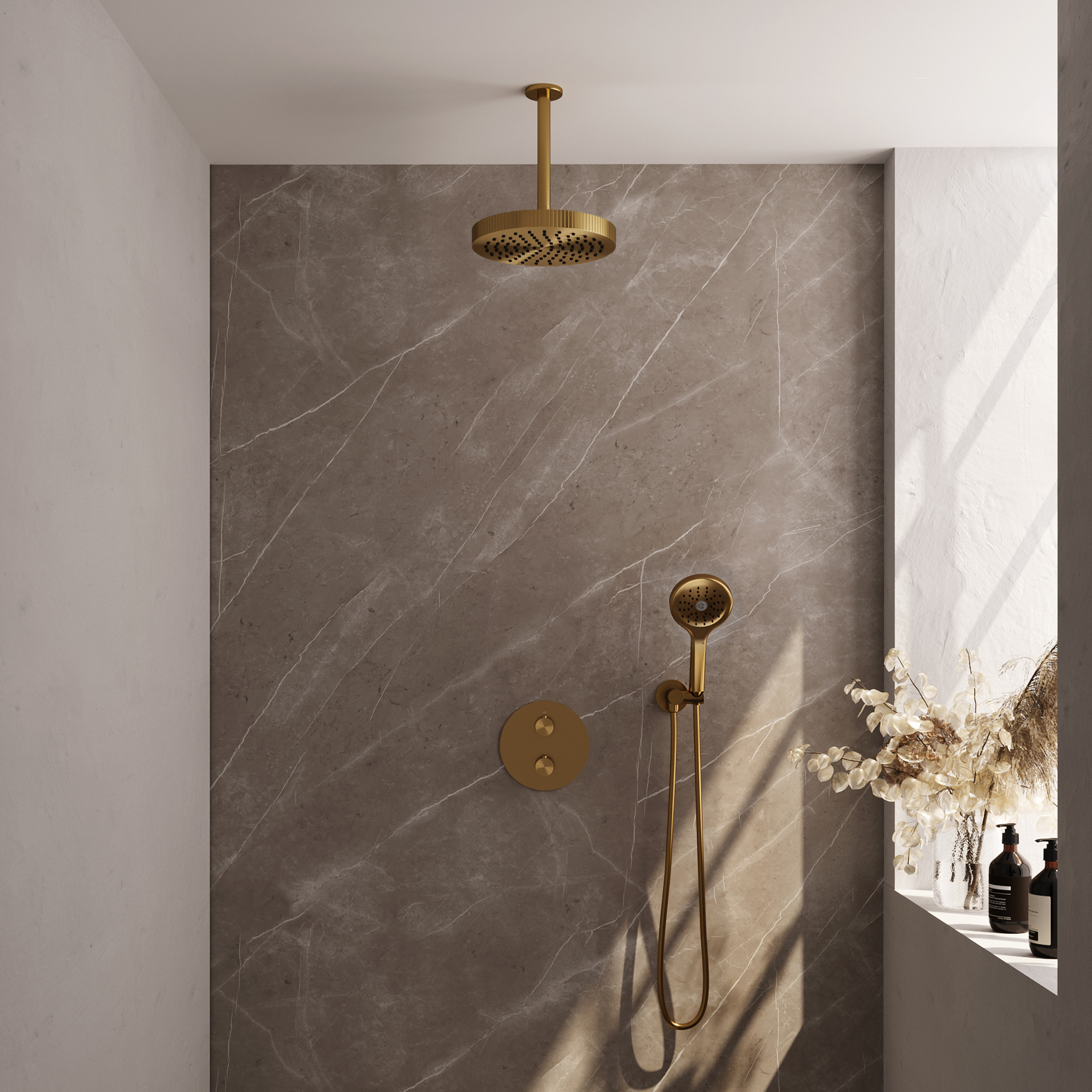Brauer Stripe thermostatische inbouw regendouche 3-weg rond SET 42 met 25 cm douchekop en plafondarm en 3-standen handdouche en doucheslang en wandaansluitbocht goud geborsteld PVD