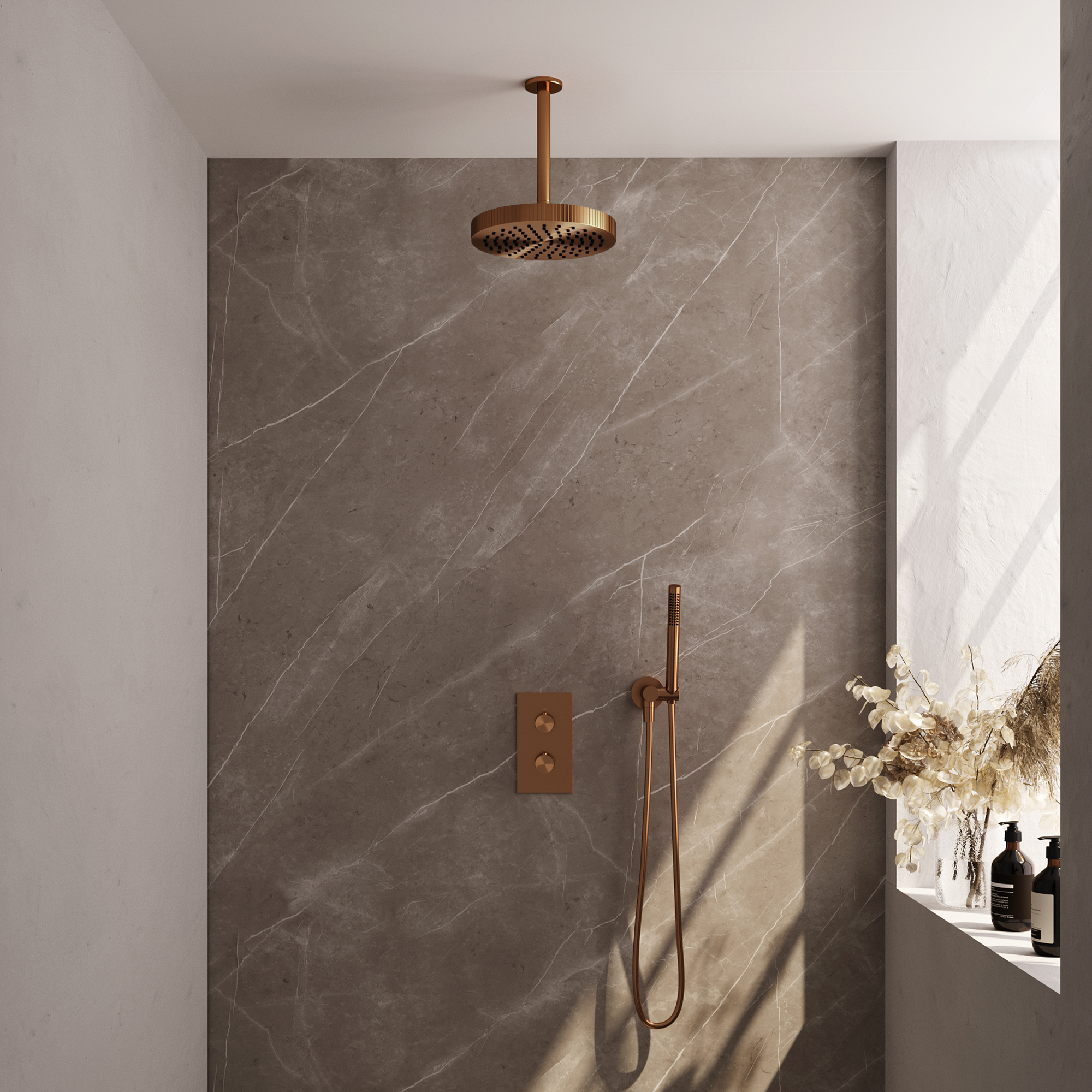 Brauer Stripe thermostatische inbouw regendouche 3-weg rechthoekig SET 15 met 25 cm douchekop en plafondarm en staaf handdouche en doucheslang en wandaansluitbocht koper geborsteld PVD