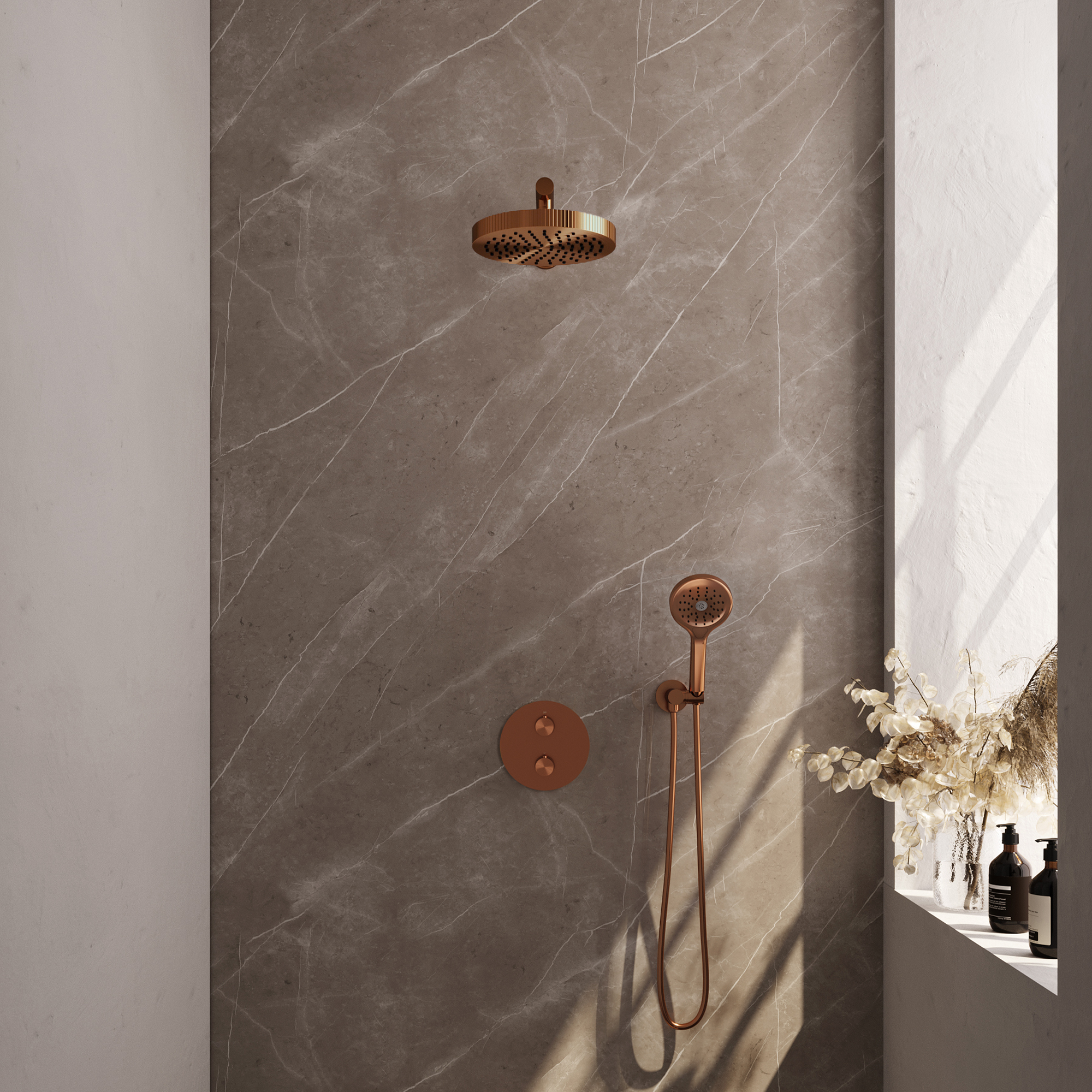 Brauer Stripe thermostatische inbouw regendouche 3-weg rond SET 40 met 25 cm douchekop en rechte muurarm en 3-standen handdouche en doucheslang en wandaansluitbocht koper geborsteld PVD