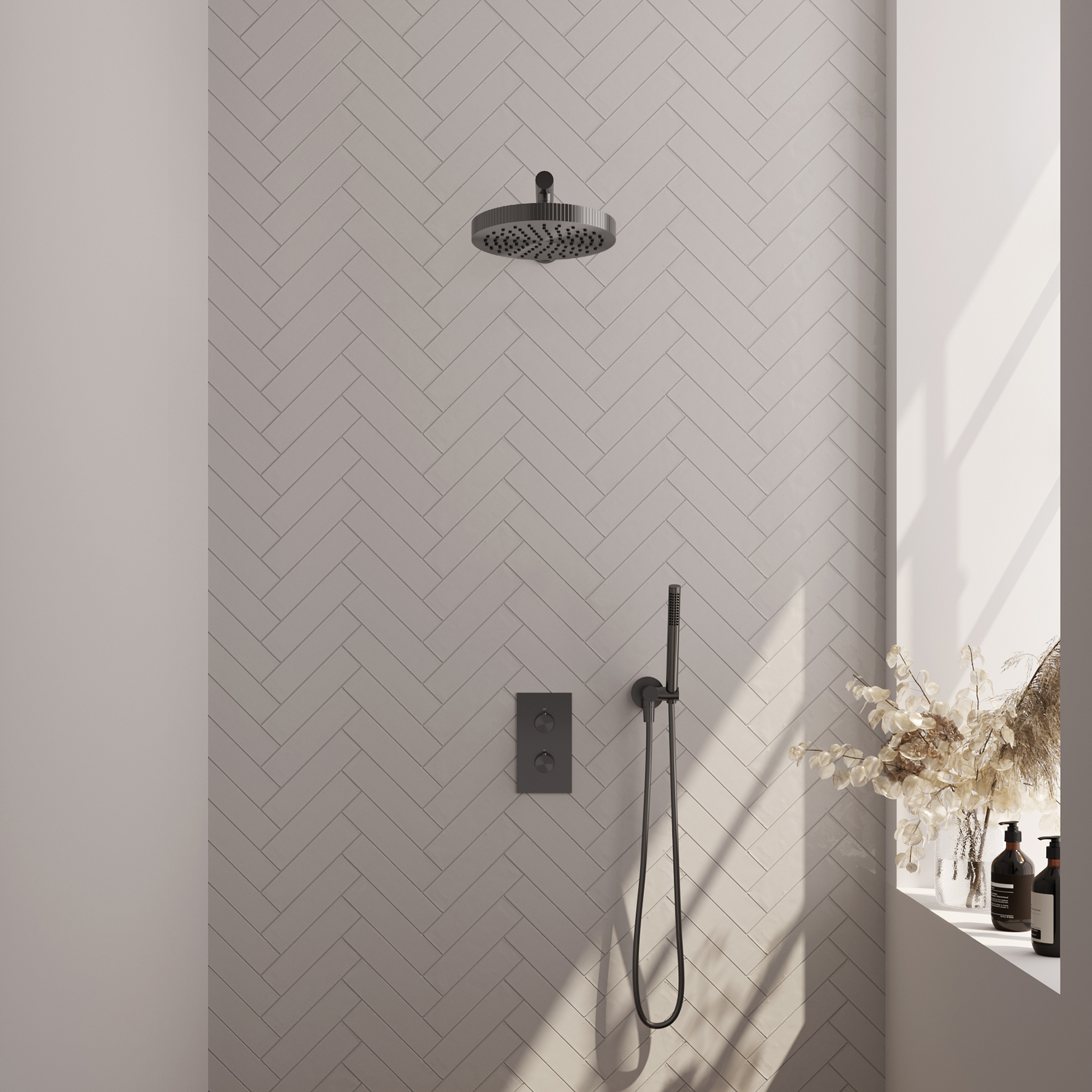 Brauer Stripe thermostatische inbouw regendouche 3-weg rechthoekig SET 13 met 25 cm douchekop en rechte muurarm en staaf handdouche en doucheslang en wandaansluitbocht gunmetal geborsteld PVD