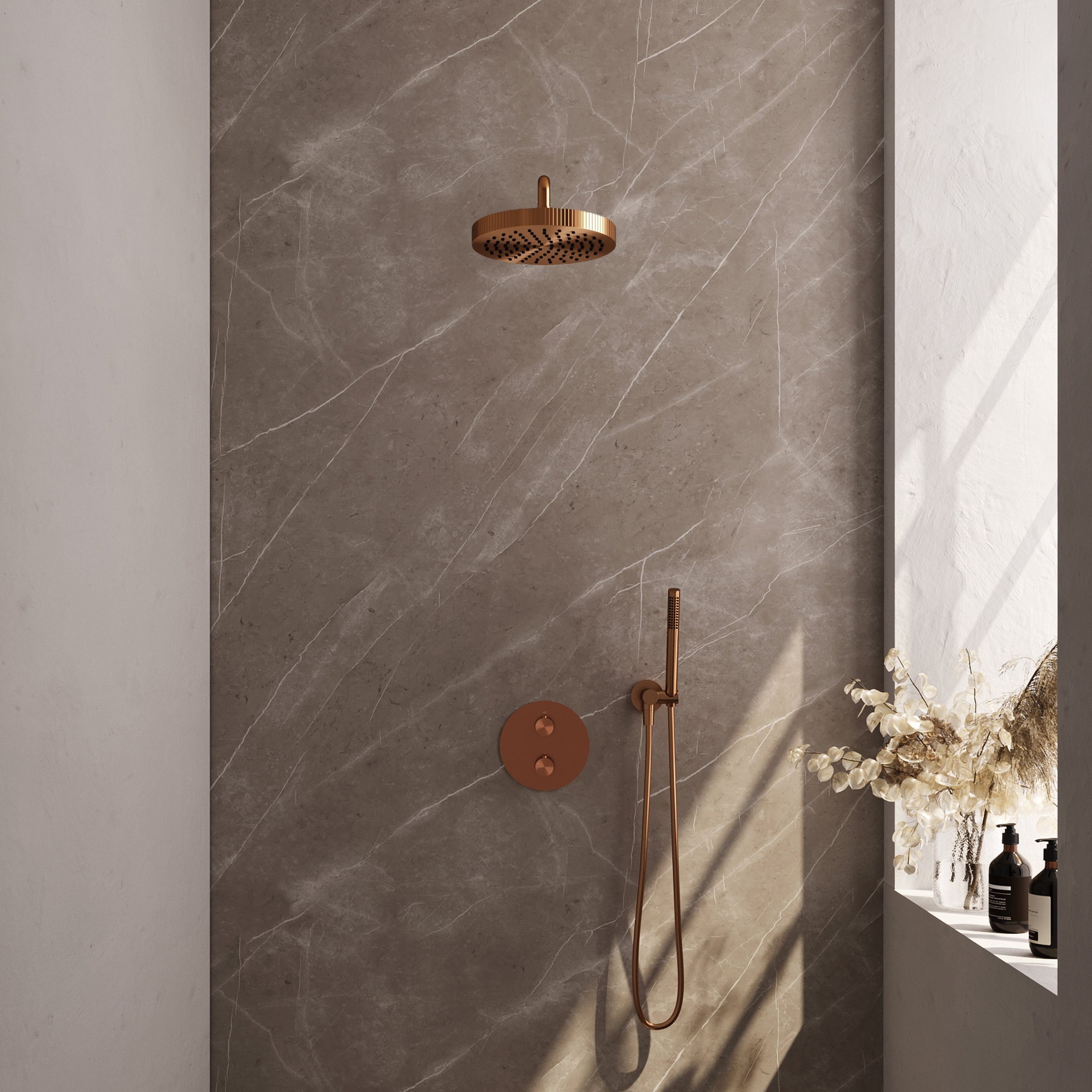 Brauer Stripe thermostatische inbouw regendouche 3-weg rond SET 38 met 25 cm douchekop en gebogen muurarm en staaf handdouche en doucheslang en wandaansluitbocht koper geborsteld PVD
