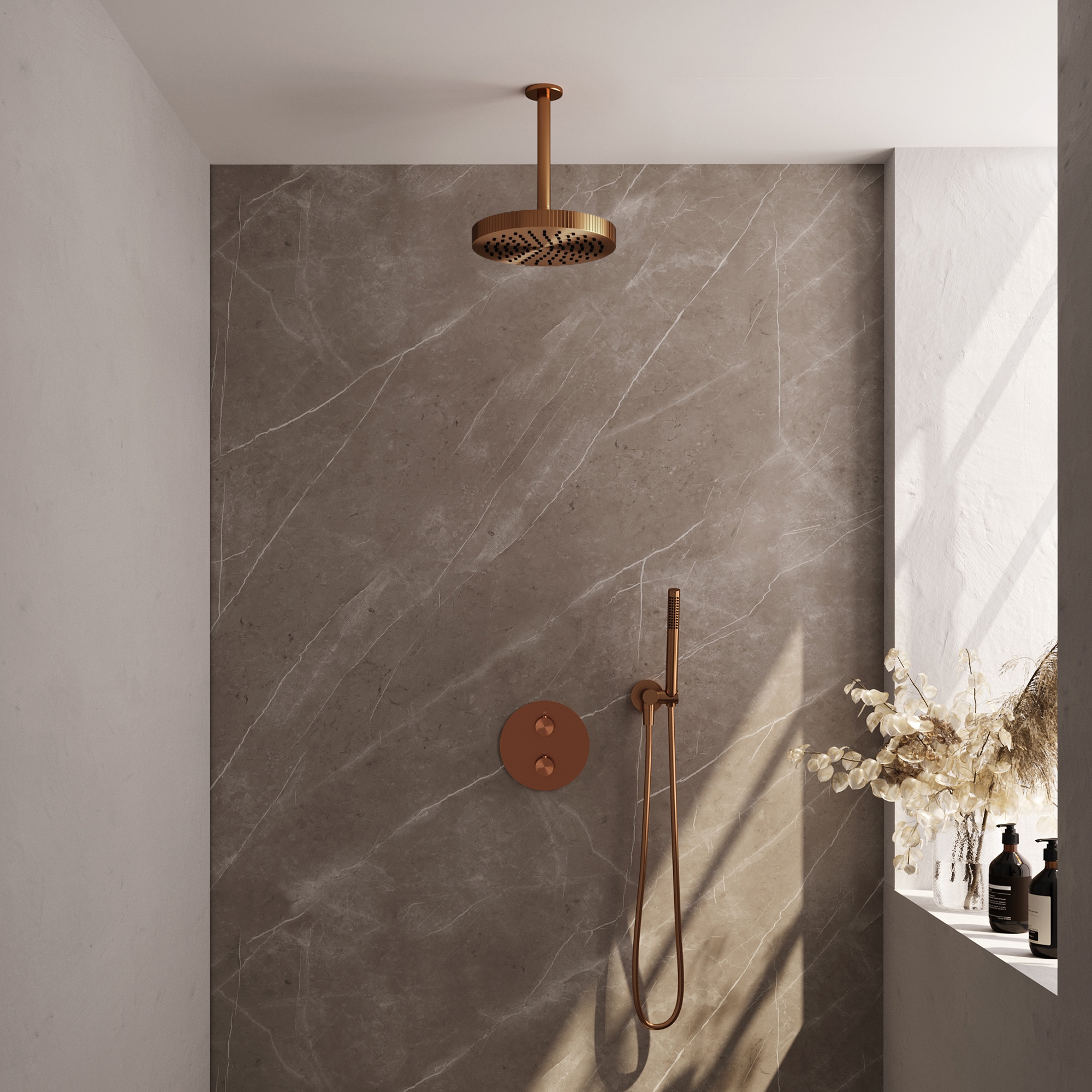 Brauer Stripe thermostatische inbouw regendouche 3-weg rond SET 39 met 25 cm douchekop en plafondarm en staaf handdouche en doucheslang en wandaansluitbocht koper geborsteld PVD