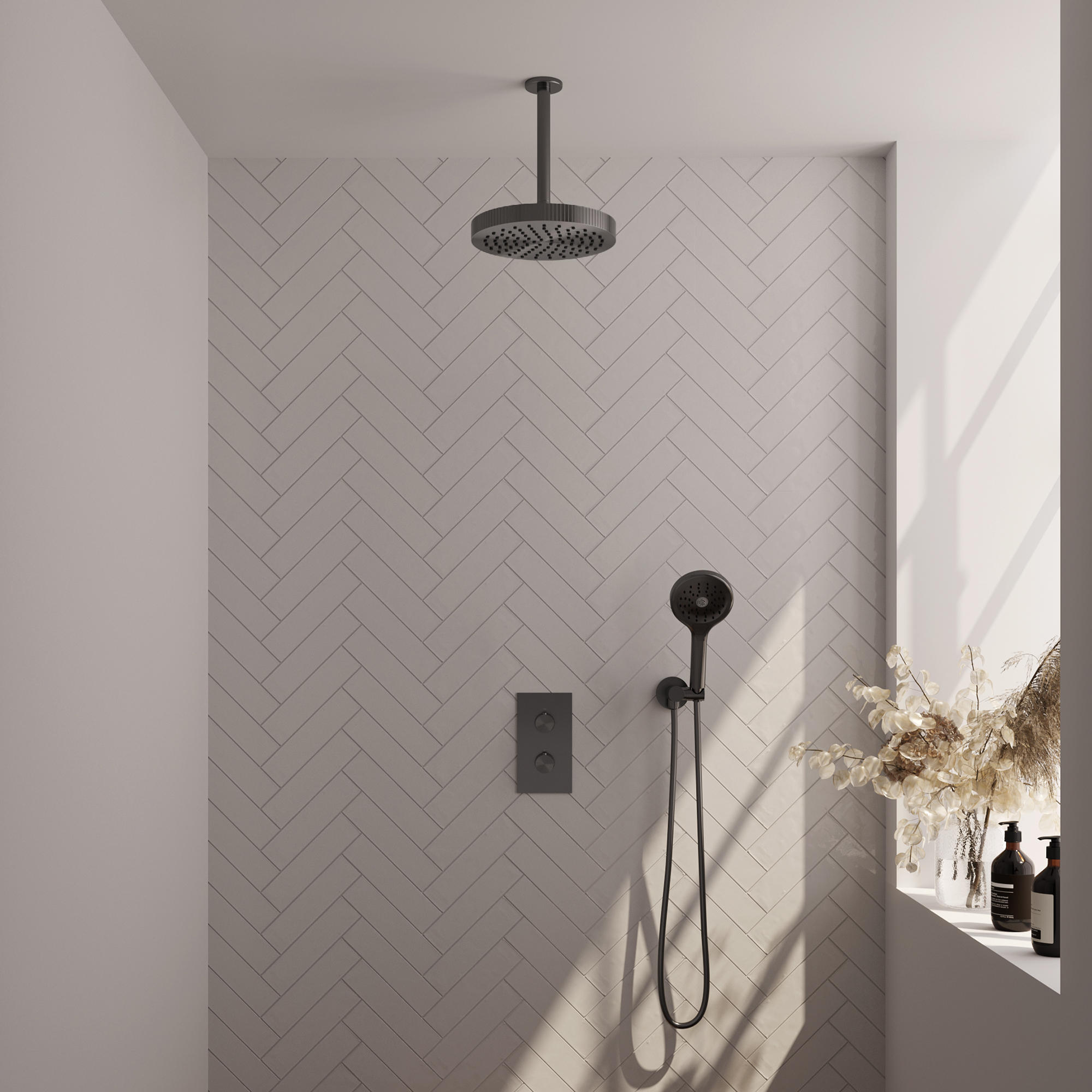 Brauer Stripe thermostatische inbouw regendouche 3-weg rechthoekig SET 18 met 25 cm douchekop en plafondarm en 3-standen handdouche en doucheslang en wandaansluitbocht gunmetal geborsteld PVD