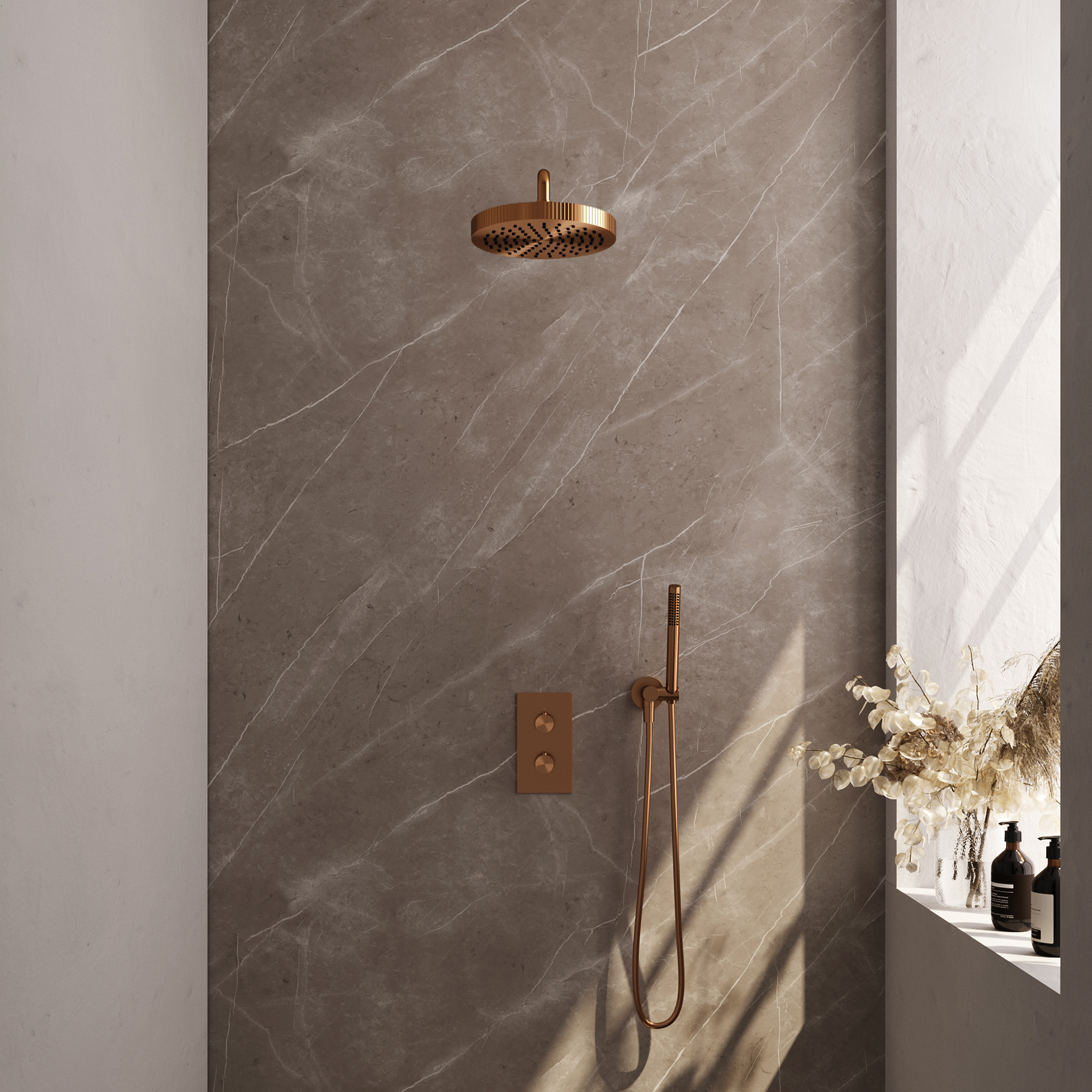Brauer Stripe thermostatische inbouw regendouche 3-weg rechthoekig SET 14 met 25 cm douchekop en gebogen muurarm en staaf handdouche en doucheslang en wandaansluitbocht koper geborsteld PVD