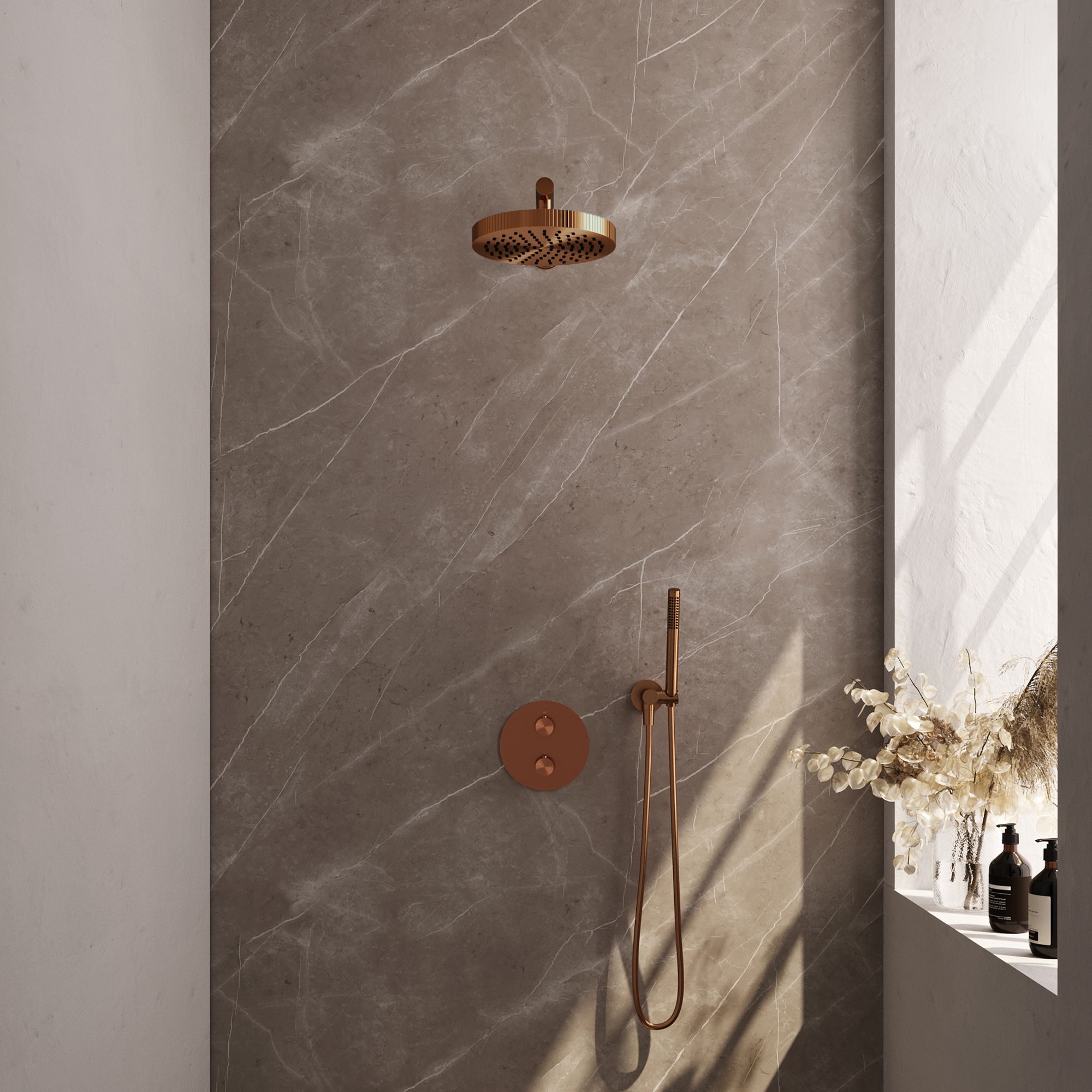 Brauer Stripe thermostatische inbouw regendouche 3-weg rond SET 37 met 25 cm douchekop en rechte muurarm en staaf handdouche en doucheslang en wandaansluitbocht koper geborsteld PVD