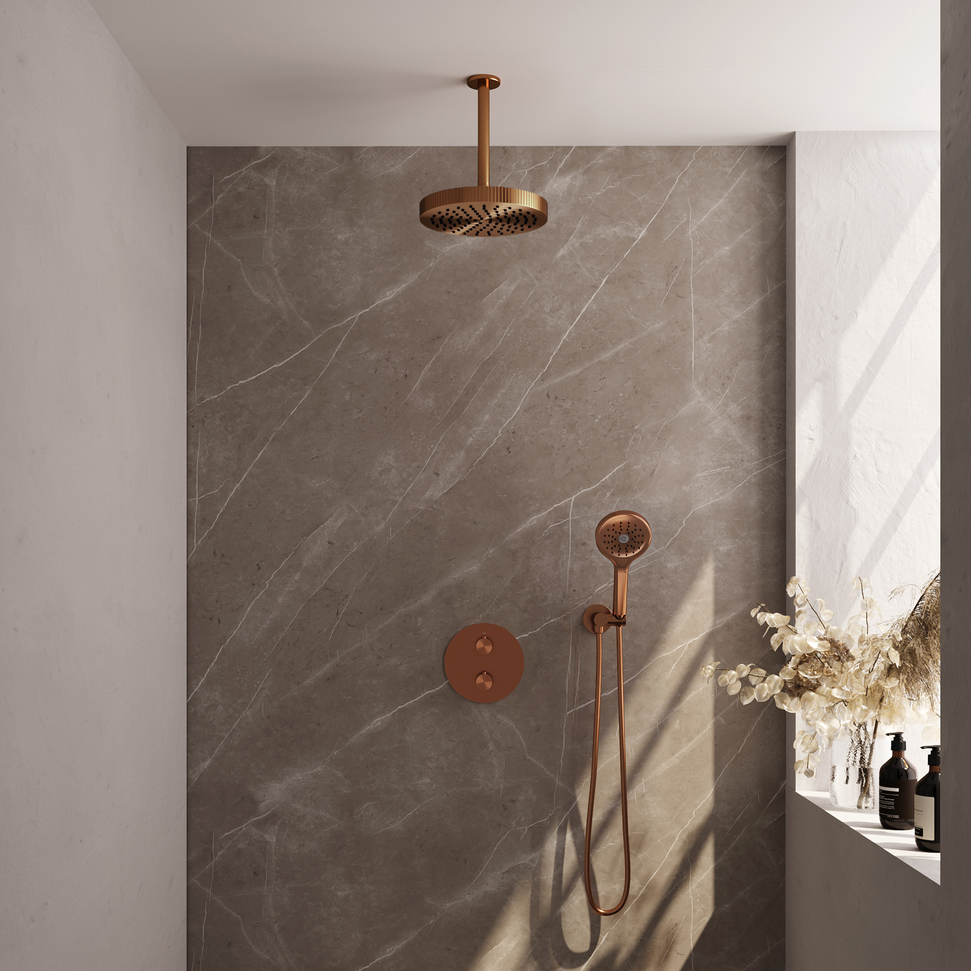 Brauer Stripe thermostatische inbouw regendouche 3-weg rond SET 42 met 25 cm douchekop en plafondarm en 3-standen handdouche en doucheslang en wandaansluitbocht koper geborsteld PVD