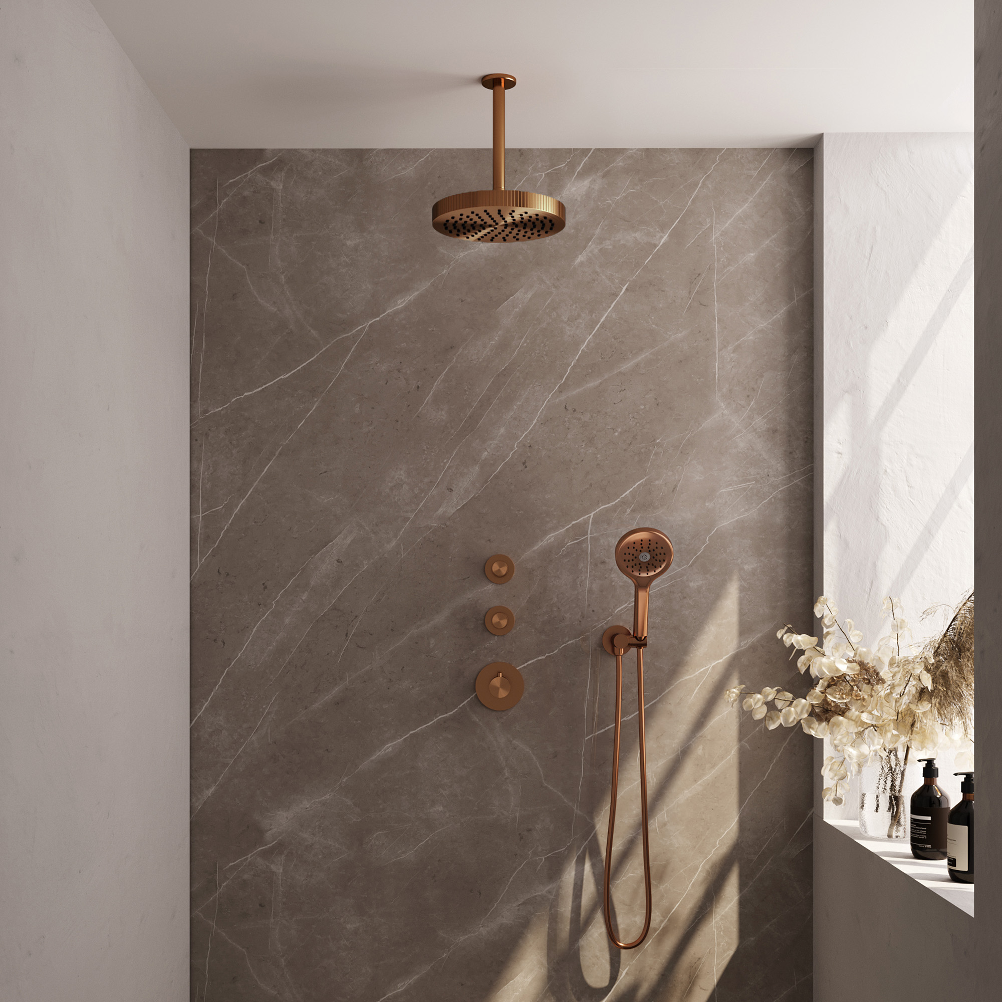 Brauer Stripe thermostatische inbouw regendouche SET 06 met 25 cm douchekop en plafondarm en 3-standen handdouche en doucheslang en wandaansluitbocht koper geborsteld PVD