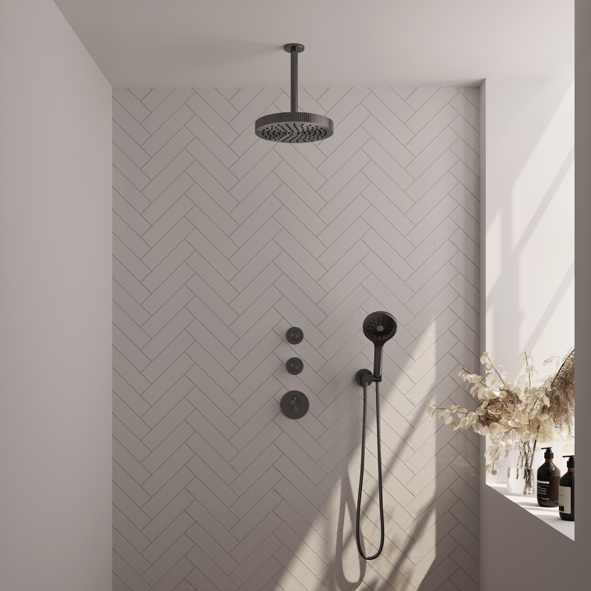 Brauer Stripe thermostatische inbouw regendouche SET 06 met 25 cm douchekop en plafondarm en 3-standen handdouche en doucheslang en wandaansluitbocht gunmetal geborsteld PVD