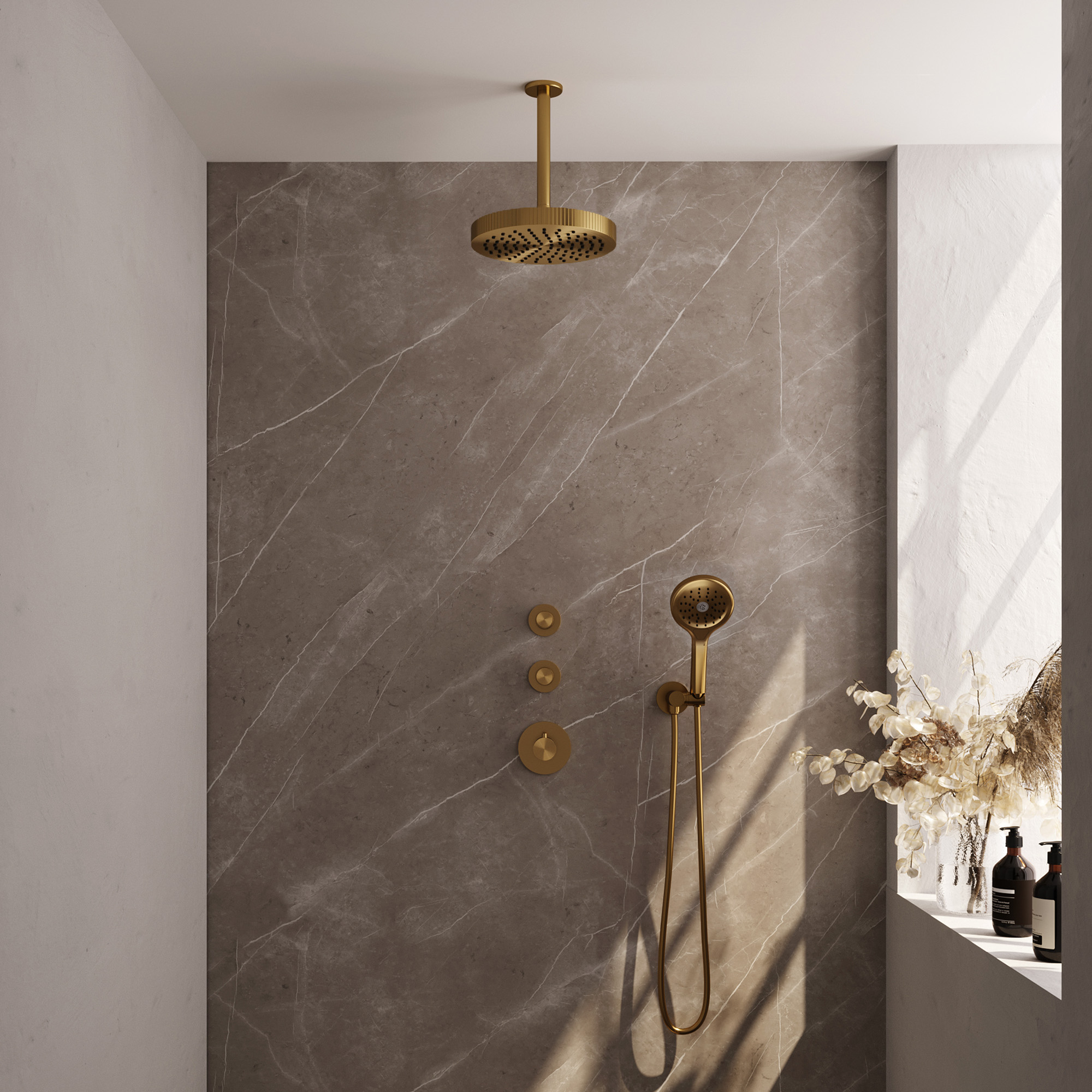 Brauer Stripe thermostatische inbouw regendouche SET 06 met 25 cm douchekop en plafondarm en 3-standen handdouche en doucheslang en wandaansluitbocht goud geborsteld PVD